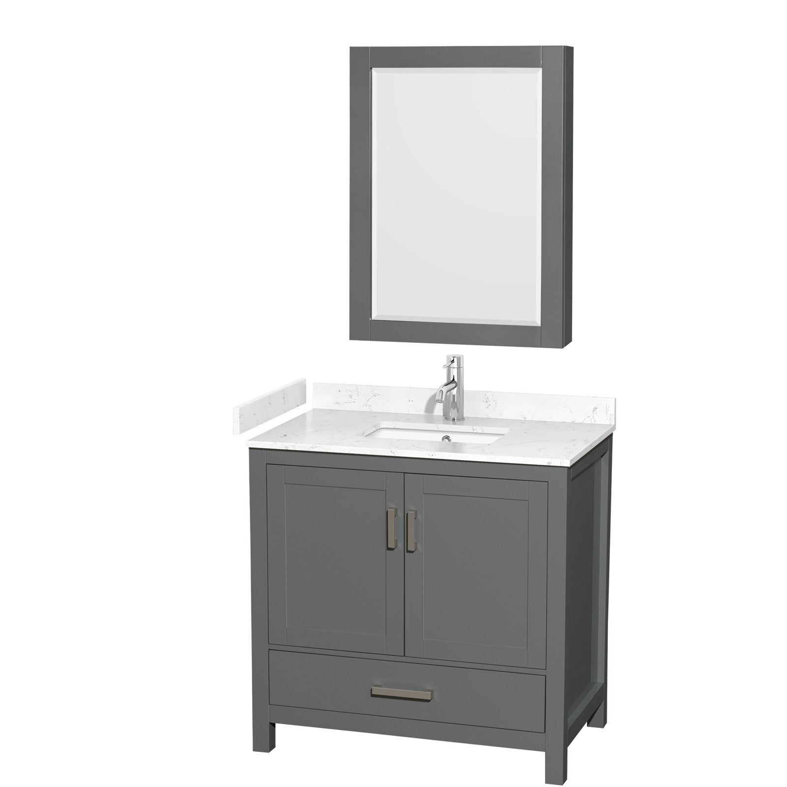 36-inch gray solid wood single-sink bathroom vanity with white stone countertop and integrated rectangular undermount sink, chrome faucet, shaker-style cabinet doors, bottom drawer, and matching gray framed mirror.
