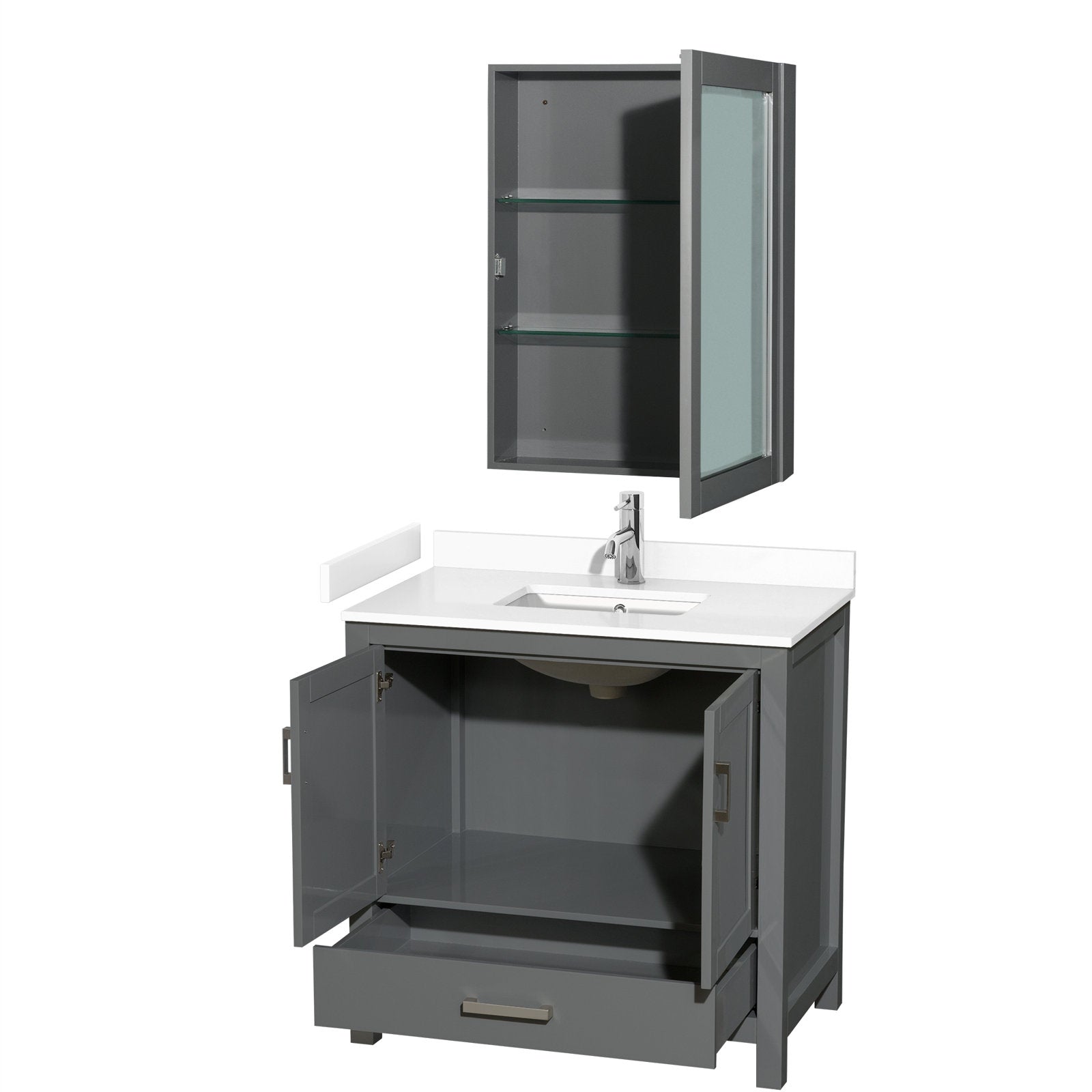 Modern gray solid wood bathroom vanity with white stone countertop and integrated ceramic sink, chrome single-handle faucet, open cabinet doors showing interior storage and drawer, plus matching wall-mounted gray medicine cabinet with glass shelves.