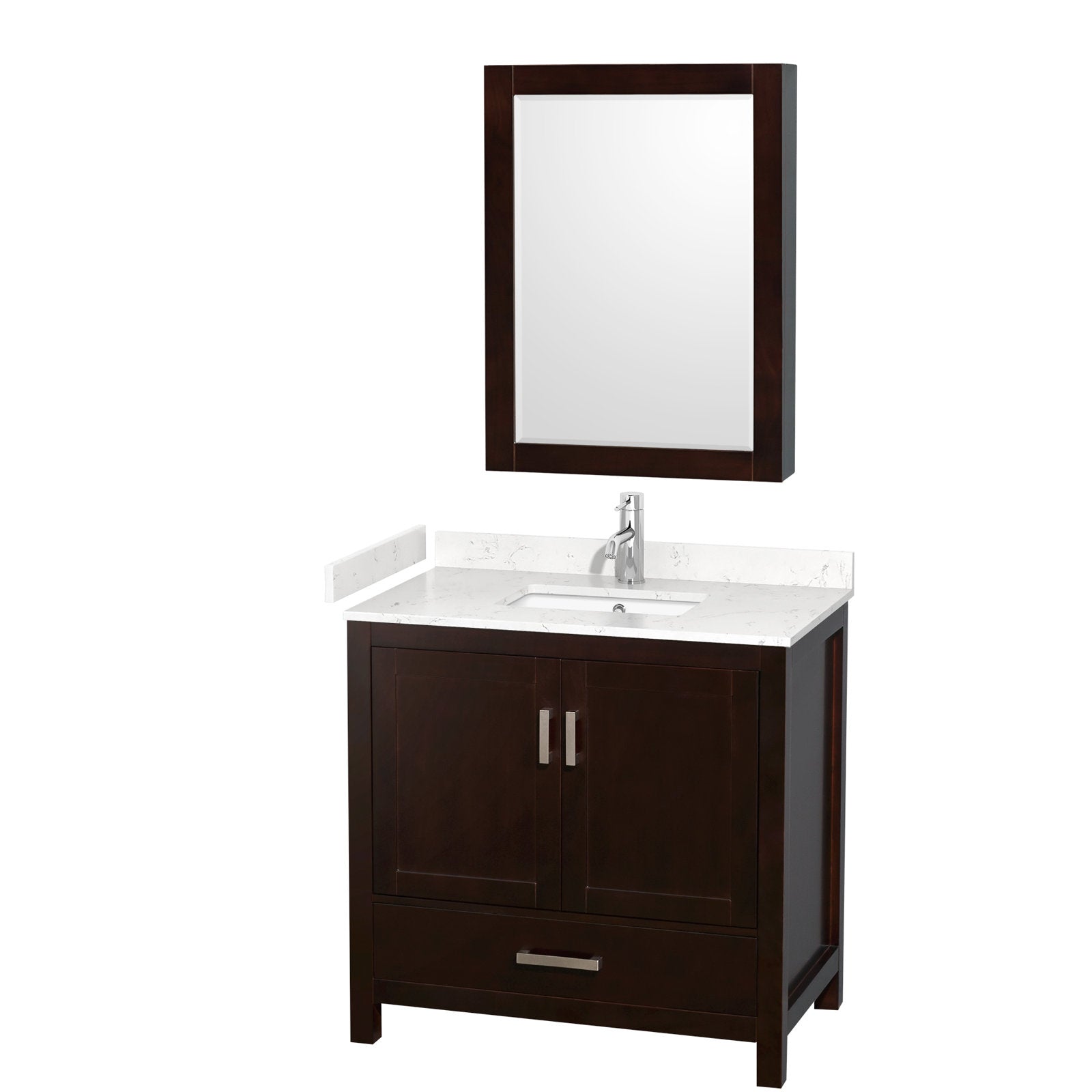 36-inch freestanding modern solid wood bathroom vanity in dark brown with a white stone countertop, rectangular undermount sink, chrome faucet, matching framed mirror and metal-handled storage drawer.