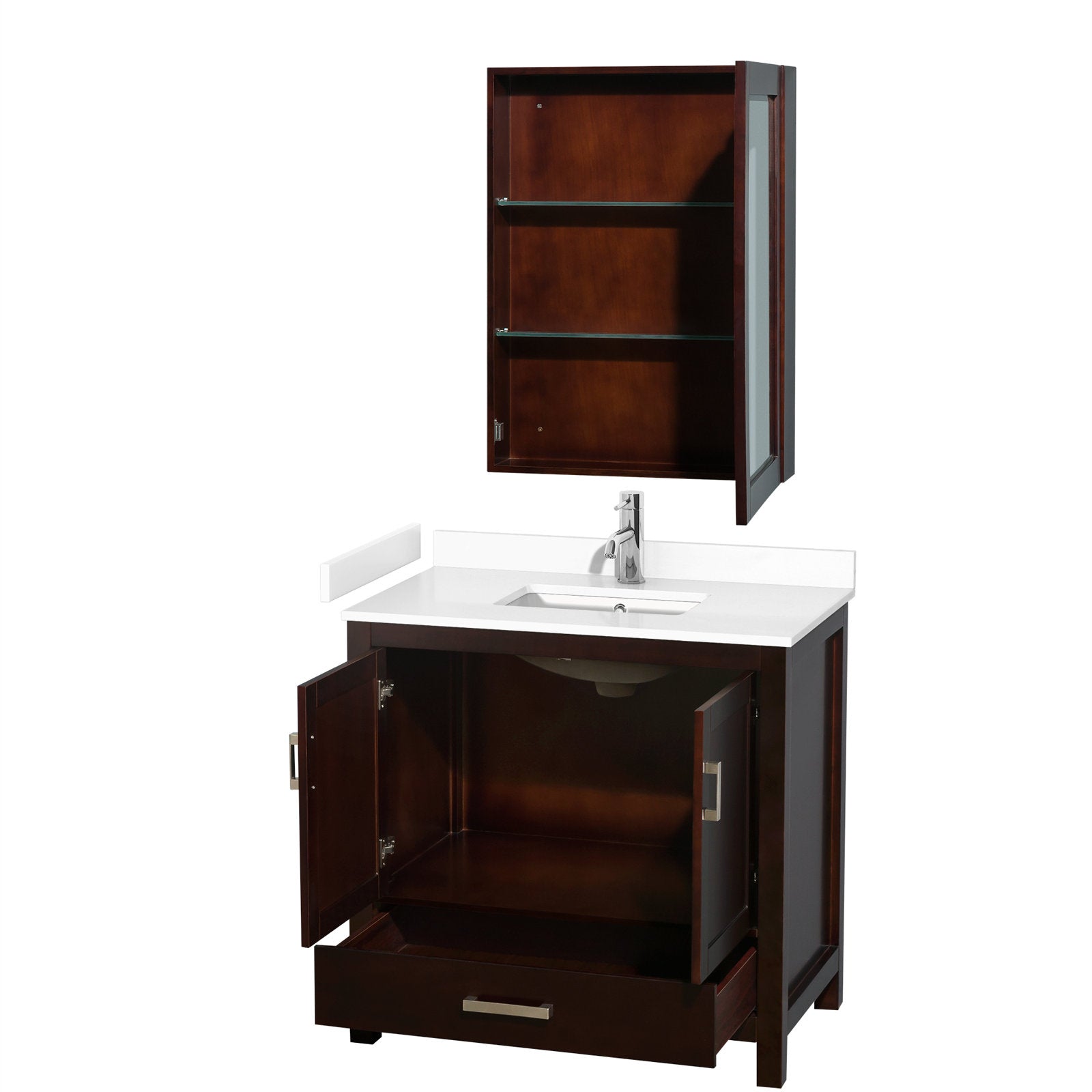 36-inch modern solid wood bathroom vanity with a stone top and integrated ceramic sink, chrome single-handle faucet, open cabinet doors revealing interior storage, lower drawer and matching wall-mounted medicine cabinet with glass shelves.