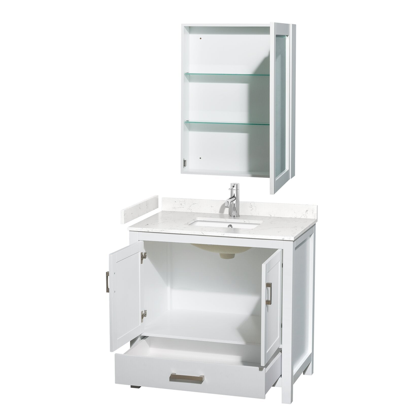 Modern white solid-wood bathroom vanity with a stone countertop and integrated rectangular sink, chrome single-handle faucet, open double-door cabinet and lower drawer, shown with matching wall-mounted medicine cabinet with glass shelves.