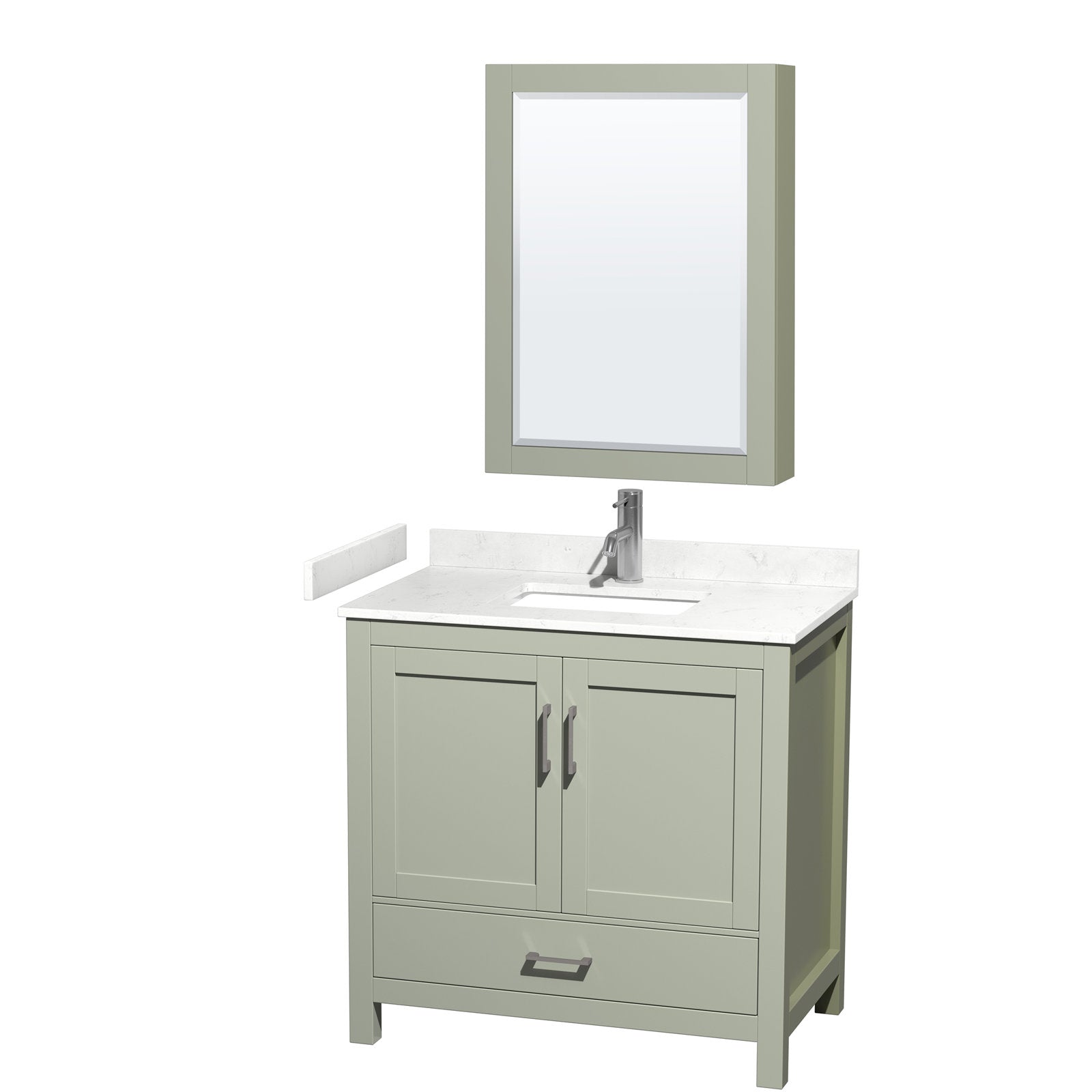 Modern 36-inch freestanding solid wood bathroom vanity in stone finish with a white stone countertop and undermount sink, single chrome faucet, two cabinet doors and a lower drawer shown with a matching mirror cabinet.