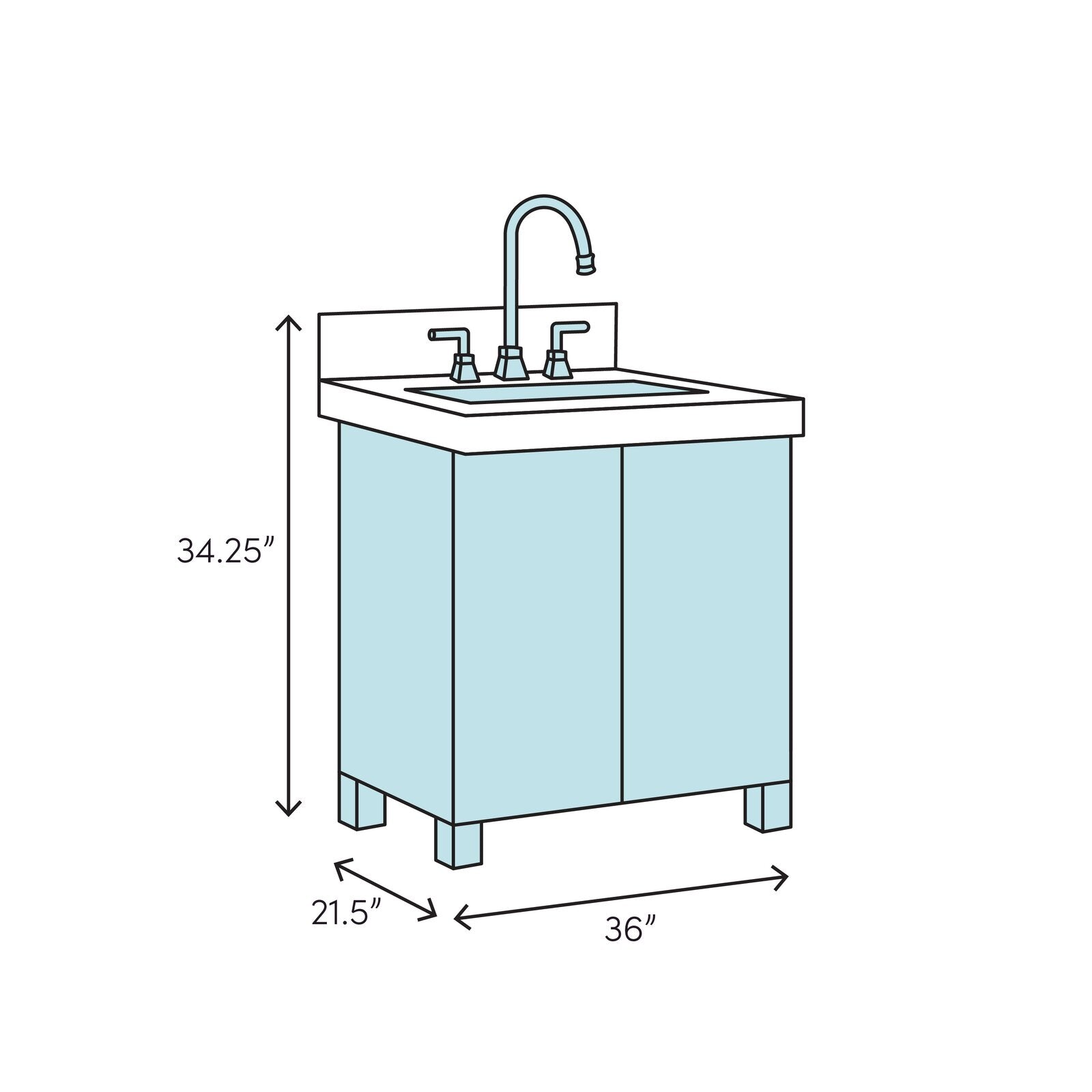 Illustrated diagram of a modern freestanding solid wood bathroom vanity with a stone top, single sink, high-arc faucet and backsplash, labeled dimensions 36 in W × 21.5 in D × 34.25 in H.