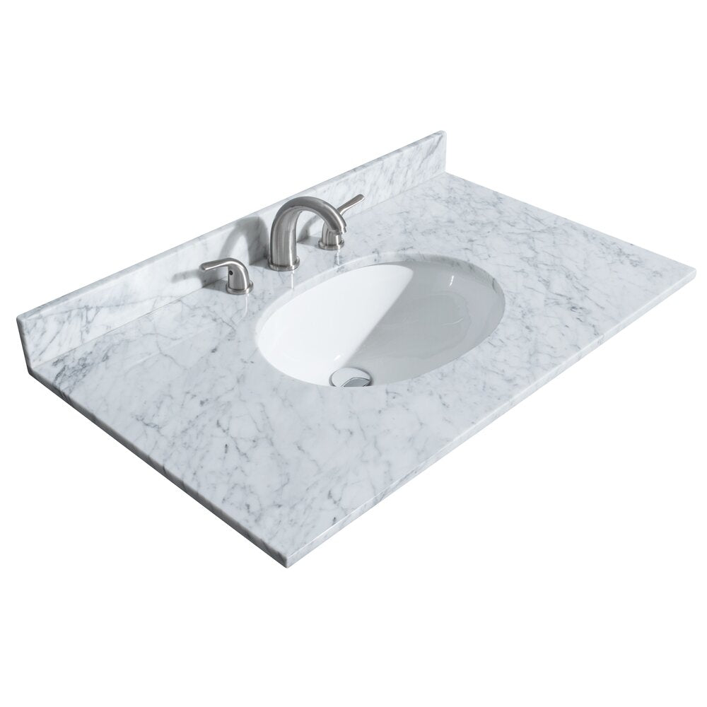 White marble stone vanity top with subtle gray veining, featuring an oval undermount white ceramic sink and a brushed nickel widespread faucet with two lever handles.