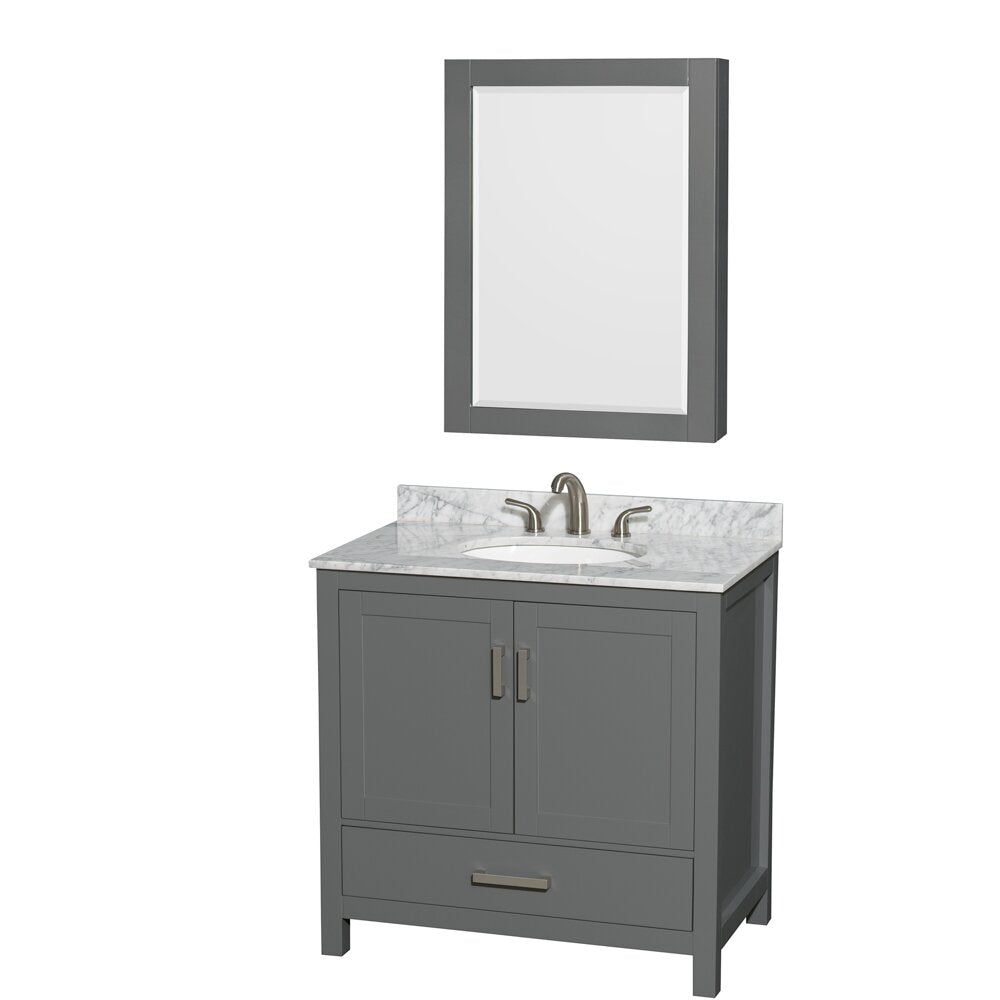 36-inch modern freestanding gray solid wood bathroom vanity with stone top and marble-look backsplash, undermount ceramic sink, brushed nickel two-handle faucet, shaker-style double doors, lower drawer and matching framed mirror above.
