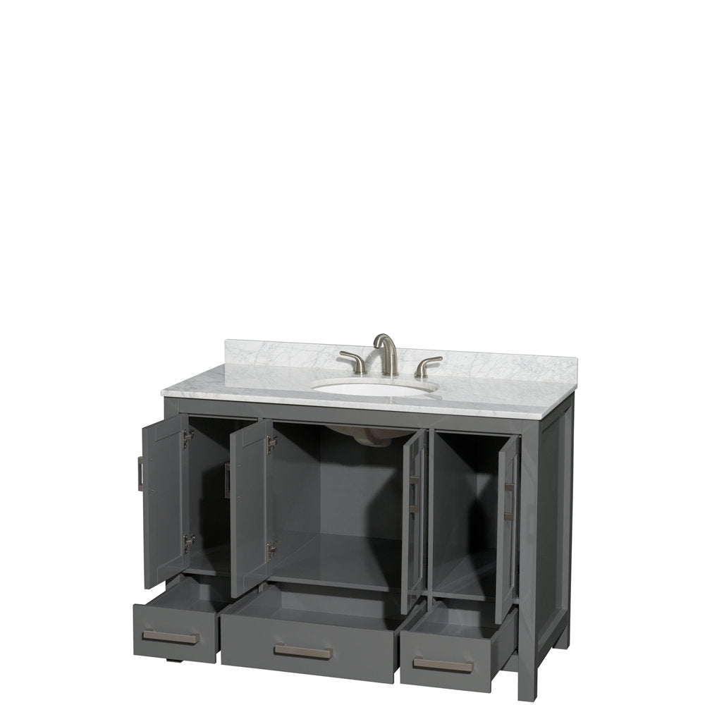 48-inch modern gray solid wood single-sink bathroom vanity with white marble countertop and backsplash, ceramic undermount sink and brushed nickel faucet; three cabinet doors and three drawers shown open revealing interior storage.