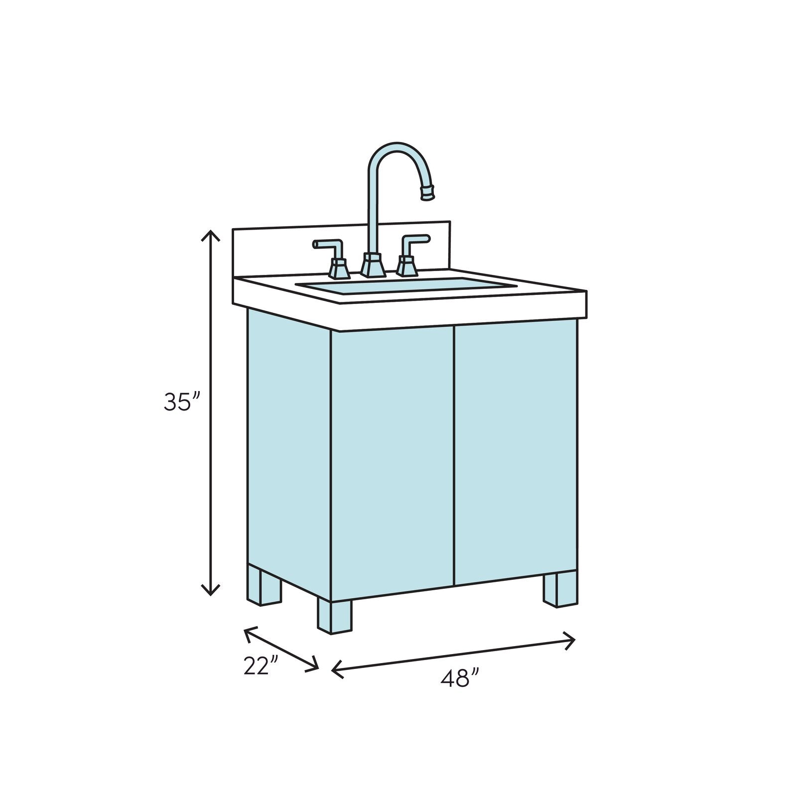 Illustration of a modern 48 in single-sink bathroom vanity with a white marble top, ceramic sink, faucet and backsplash, gray wood cabinet on legs and dimension callouts showing 48 in W x 22 in D x 35 in H.