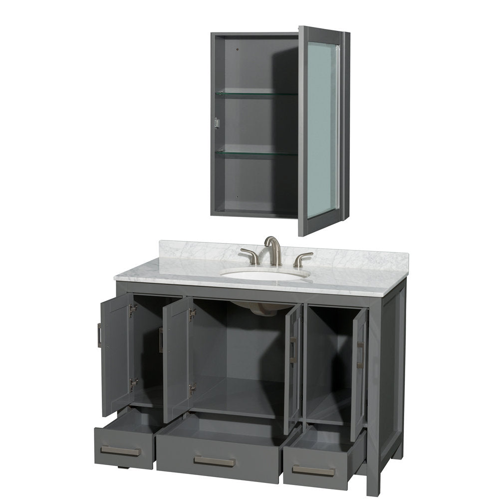 Gray modern single-sink bathroom vanity with white marble countertop and short backsplash, undermount ceramic sink and brushed-nickel faucet, open doors and drawers showing internal storage, plus matching gray mirrored medicine cabinet with glass she