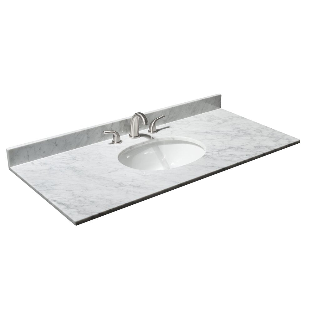 White Carrara marble vanity top with integrated oval ceramic sink, three-hole brushed nickel faucet set and matching marble backsplash, shown isolated on a white background.