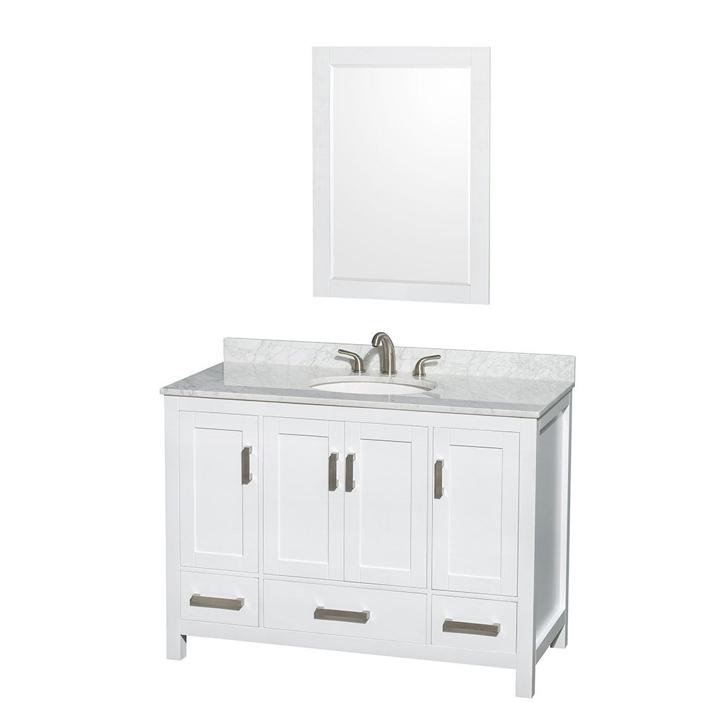 Modern white 48-inch single-sink bathroom vanity with marble countertop, undermount ceramic sink, brushed nickel faucet and pulls, paneled solid wood cabinet and matching white framed glass mirror.