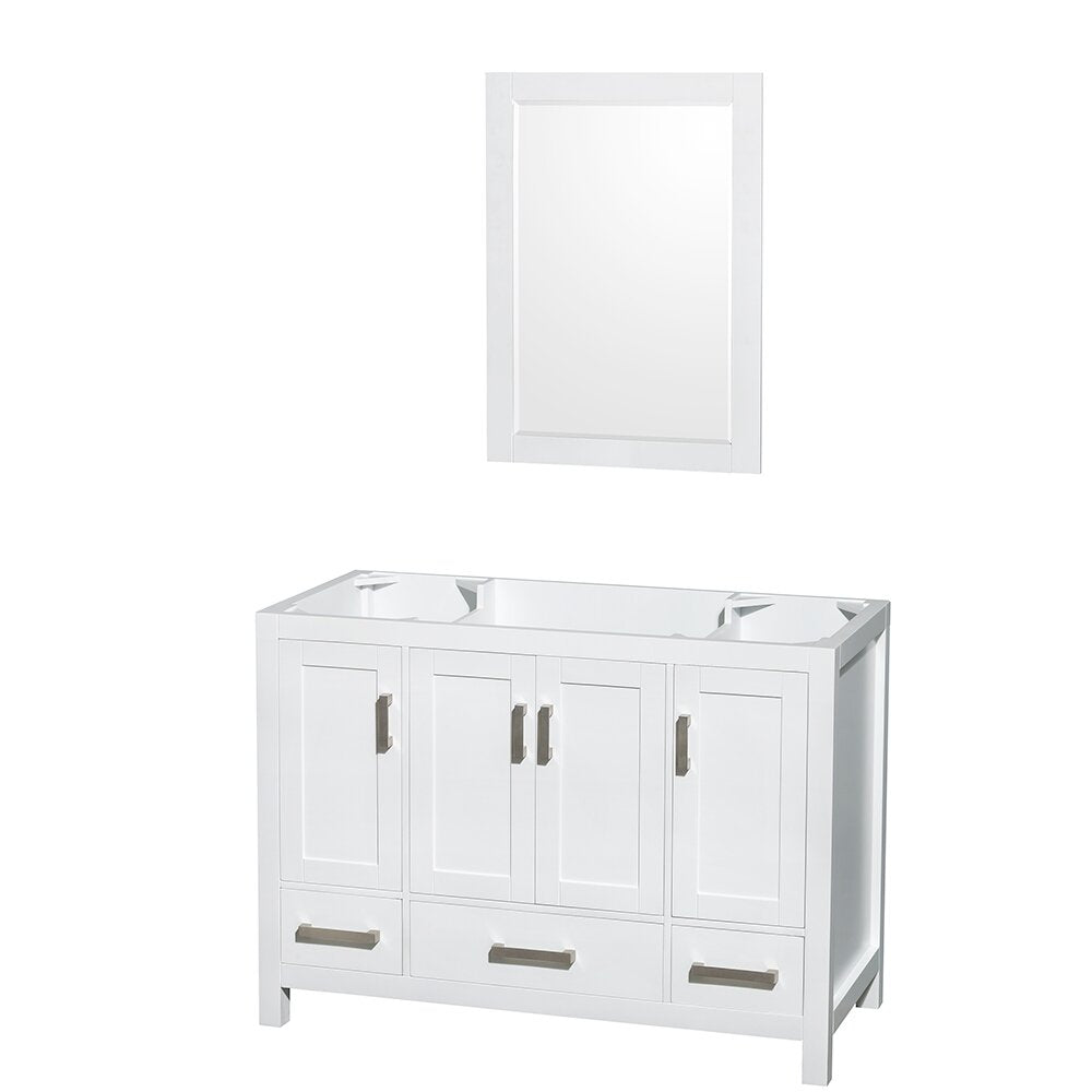 48-inch white solid-wood vanity with white marble countertop and matching rectangular framed mirror; shaker-style cabinet doors, three lower drawers and brushed metal handles shown on a white background.