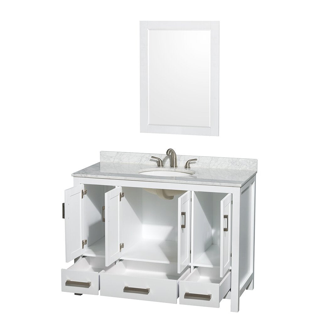 White solid-wood 48-inch bathroom vanity with white marble countertop, ceramic undermount sink, brushed nickel faucet, three open cabinet doors and three drawers, shown with matching white framed mirror.