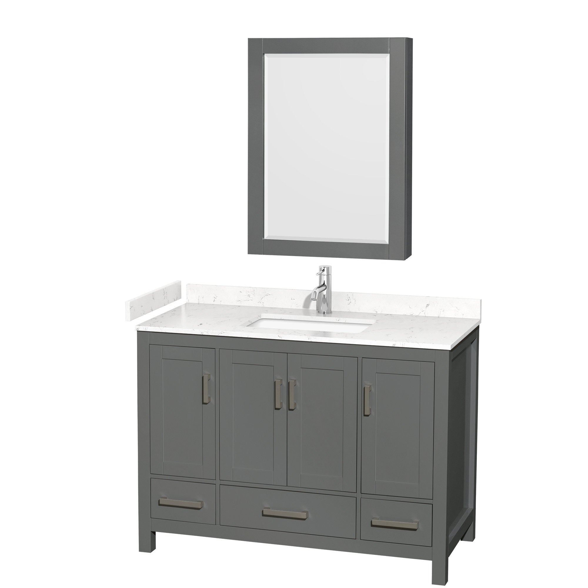 48-inch modern freestanding wood bathroom vanity with a gray solid-wood base and white stone countertop, integrated rectangular undermount sink, chrome single-handle faucet, multiple drawers and cabinet doors, plus matching framed mirror.