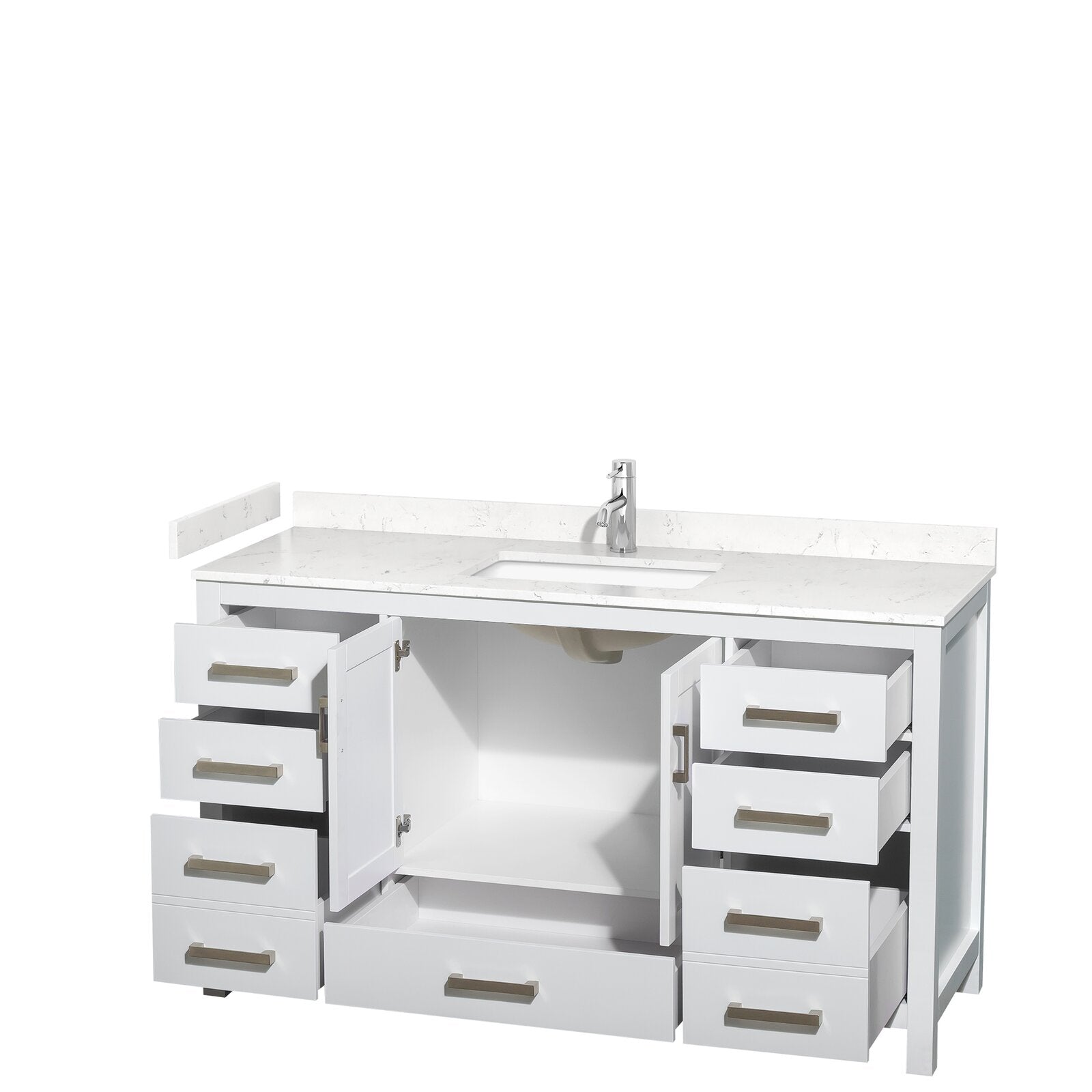 60-inch modern white solid-wood bathroom vanity with a stone countertop and integrated undermount sink, chrome single-handle faucet, multiple drawers and two cabinet doors shown open revealing central storage.