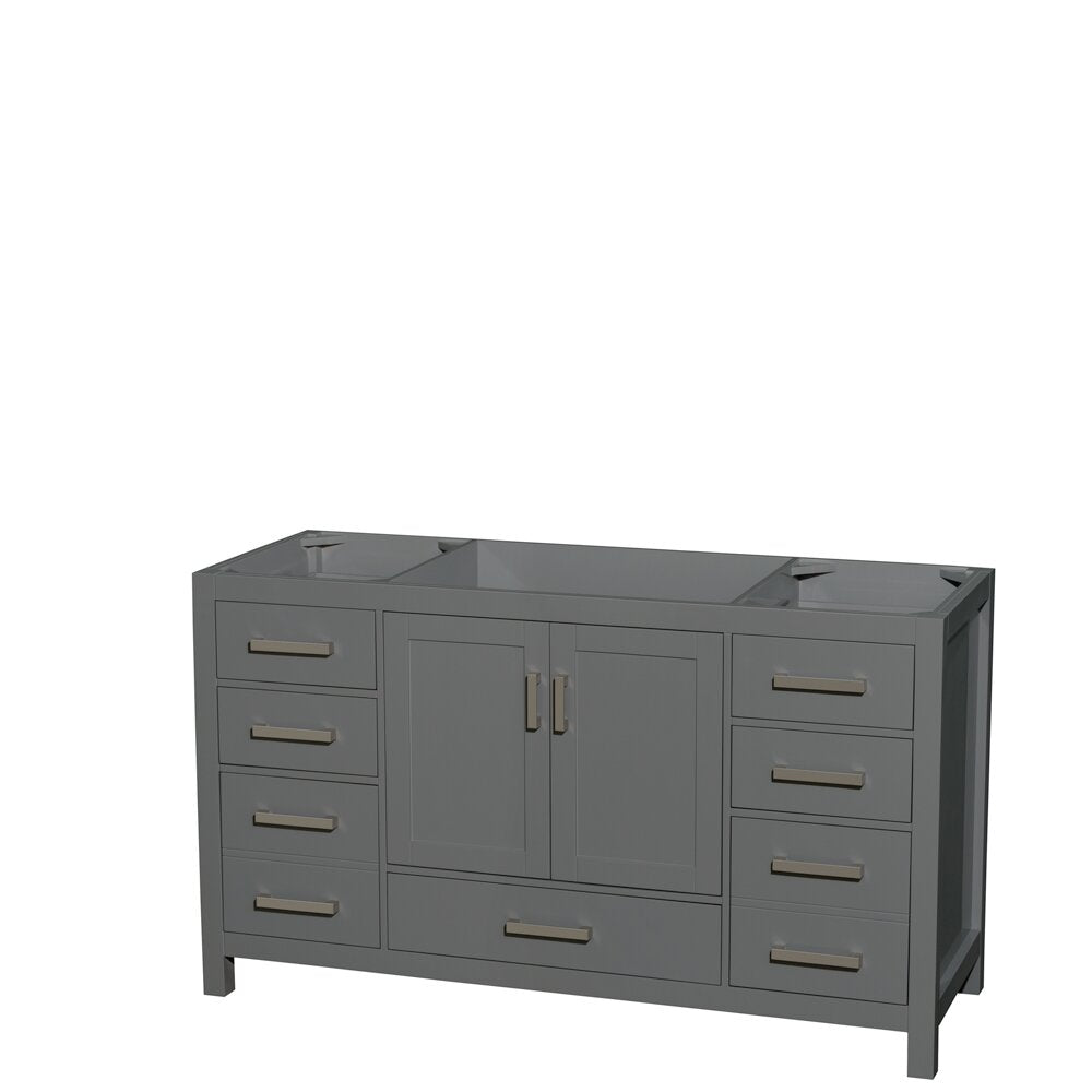 Stone-gray 60-inch freestanding modern solid wood bathroom vanity with stone top and recessed basin cutouts, central double-door cabinet, multiple side drawers and brushed metal bar handles.