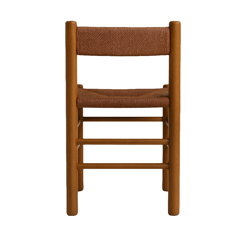 Front view of an armless coastal teak dining chair with a woven natural rope seat and low woven back, solid teak frame in a warm brown finish on a white background.