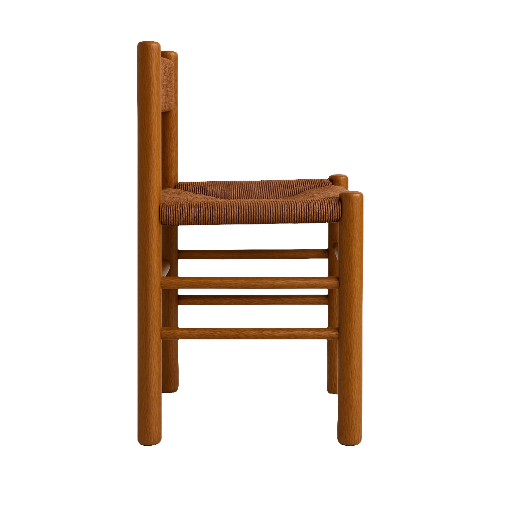 Side profile of a coastal teak dining chair featuring a natural teak wood frame and woven brown rope seat, rounded legs with ladder-style stretchers and an armless low-back silhouette on a white background.