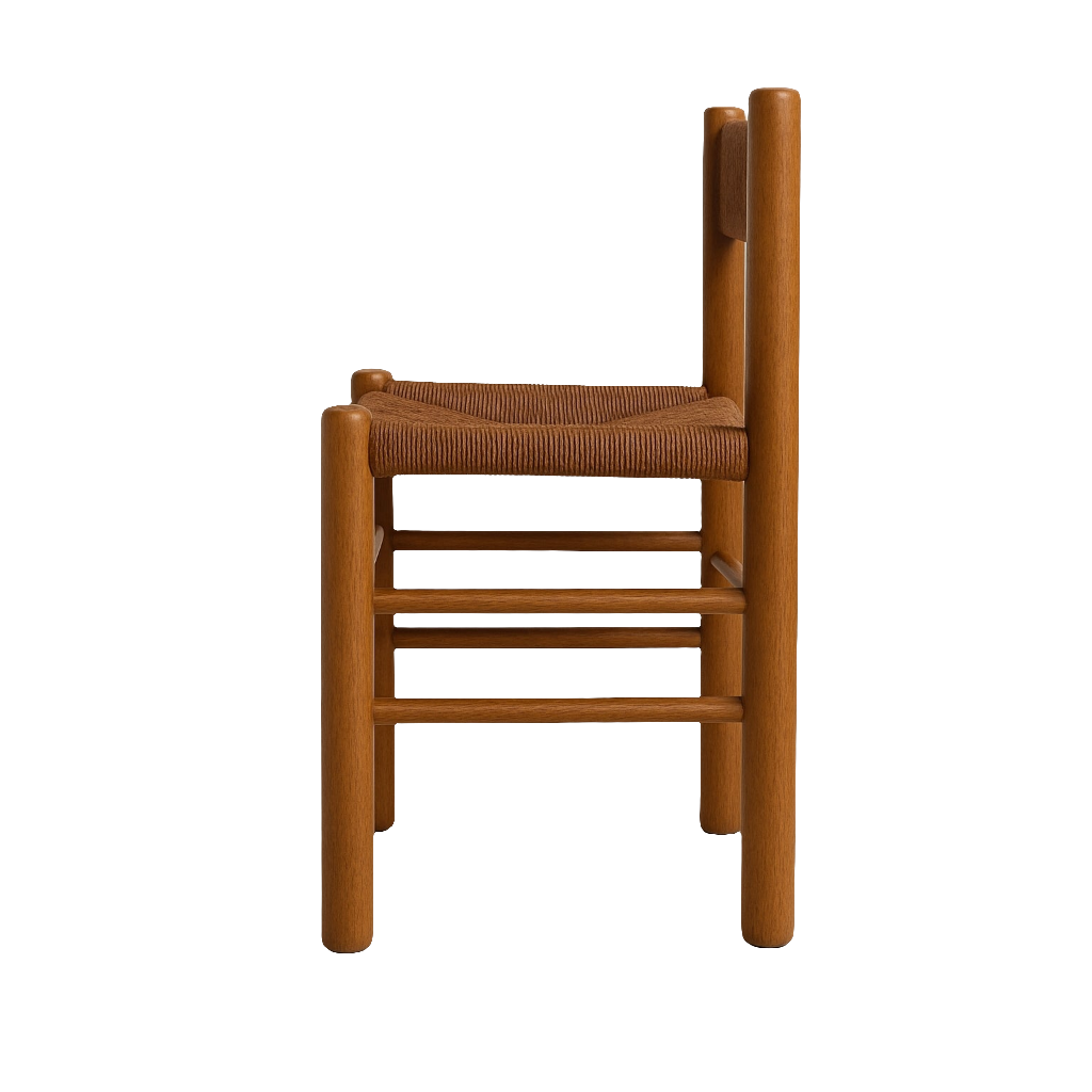 Side profile of an armless teak dining chair featuring a woven natural rope seat, round solid-teak legs with ladder-style stretchers, and a low back in a warm teak finish.