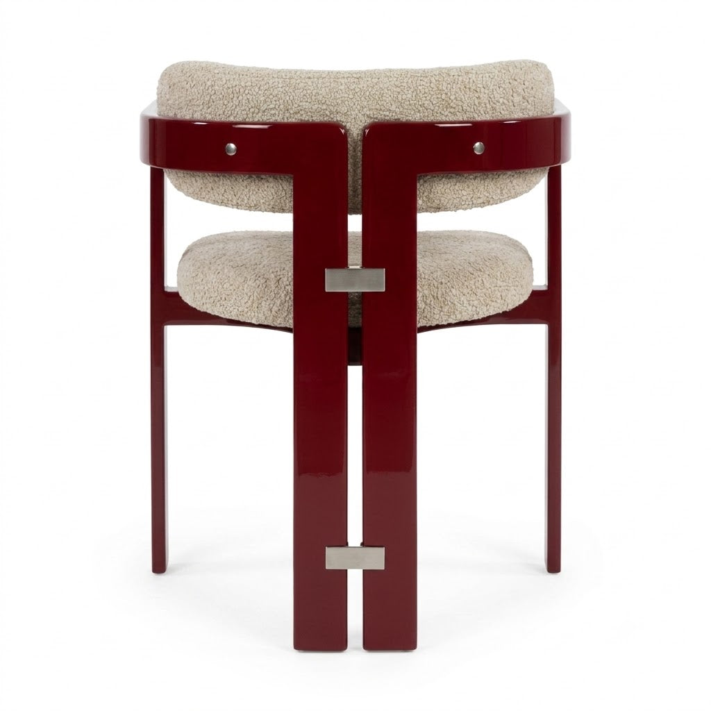 Cherry Lacquer Red Pamplona Dining Chair with Beige Boucle and Stainless Steel Accents
