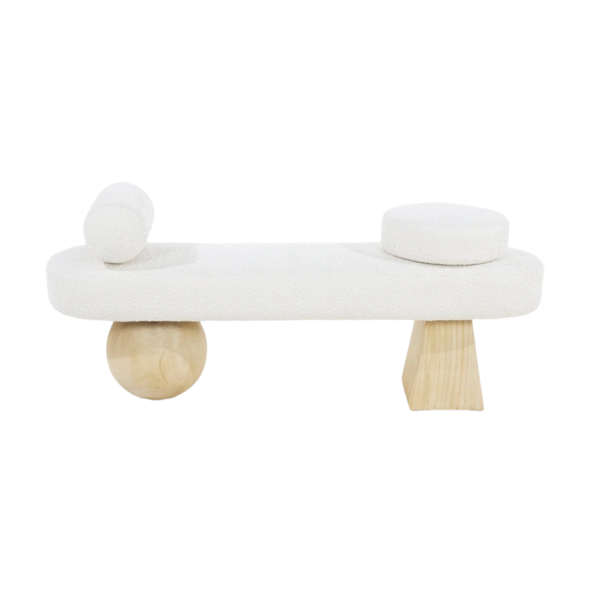 59-inch cream boucle upholstered end-of-bed bench with a rounded rectangular seat, cylindrical bolster and round cushion, supported by asymmetrical natural solid wood legs — one spherical and one tapered block.