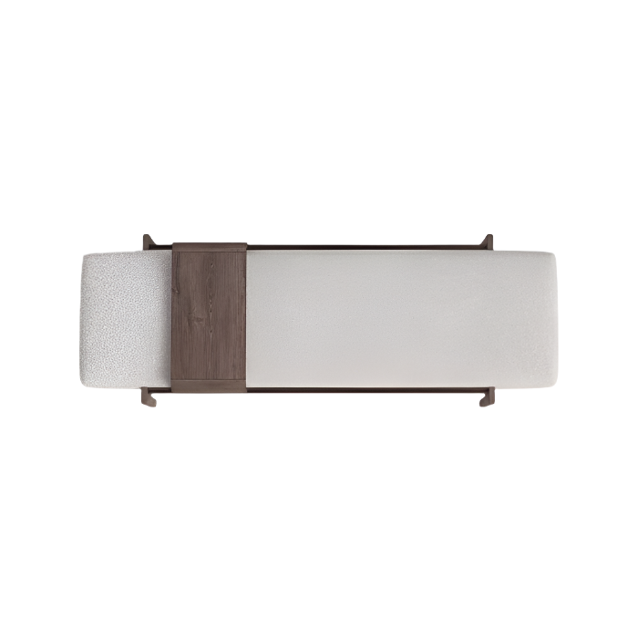 Top-down view of a 59-inch end-of-bed bench upholstered in white boucle with a solid dark wood frame and integrated wood side shelf, shown on a white background.