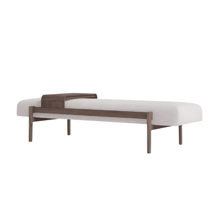 59-inch backless end-of-bed bench with white boucle upholstery, solid wood frame and tapered legs, featuring an integrated wooden tray on one end for display or storage.