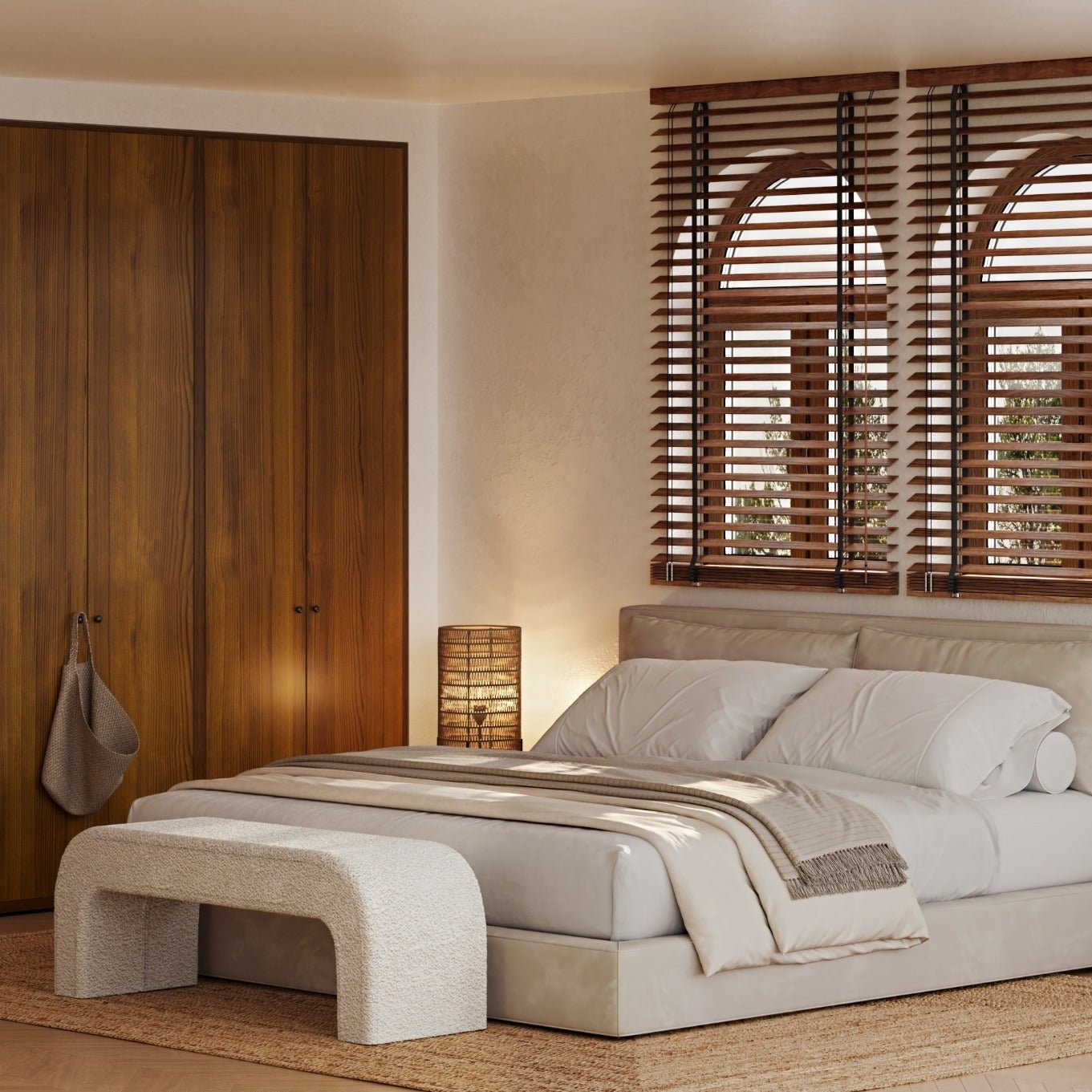 Cream boucle 75-inch end-of-bed bench with rounded arch legs positioned at the foot of a neutral upholstered bed in a coastal-contemporary bedroom with wood blinds, woven rug and soft layered bedding.