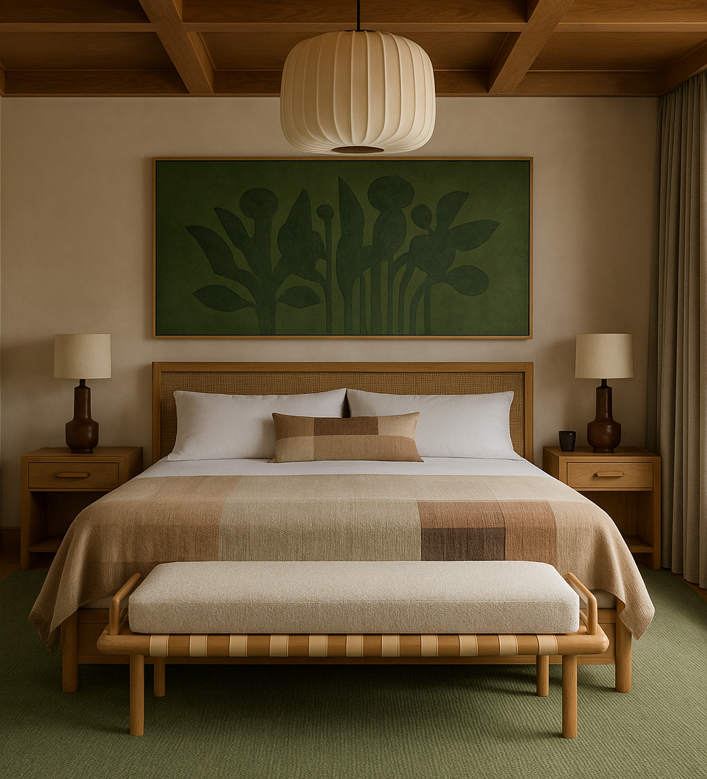 75-inch end-of-bed bench with a beige boucle upholstered cushion on a light wood frame and leather-wrapped slats, styled at the foot of a neutral coastal-modern bed with wood nightstands, lamps and green botanical art.
