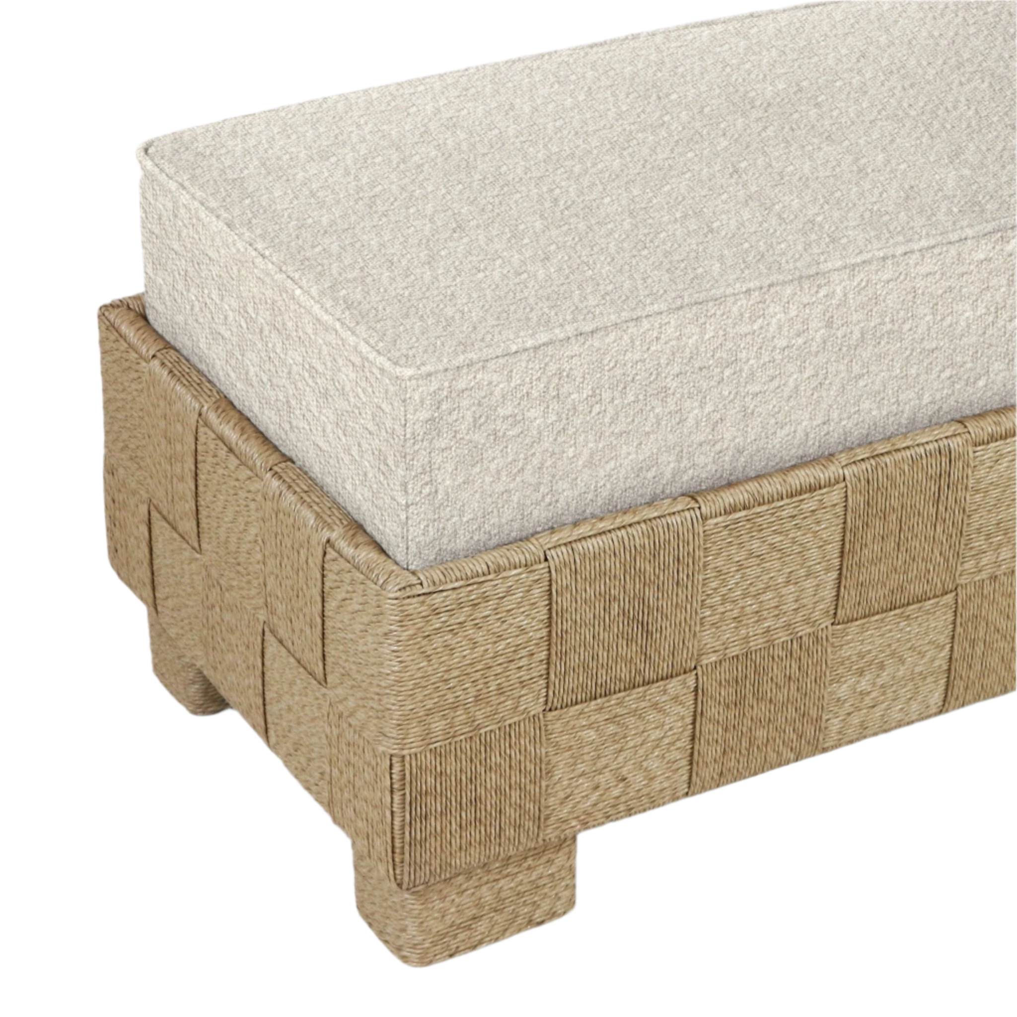 Close-up of a beige boucle upholstered seat cushion resting on a natural seagrass woven base with checkerboard pattern and wrapped block legs, shown at the corner of a 75-inch modern end-of-bed bench.