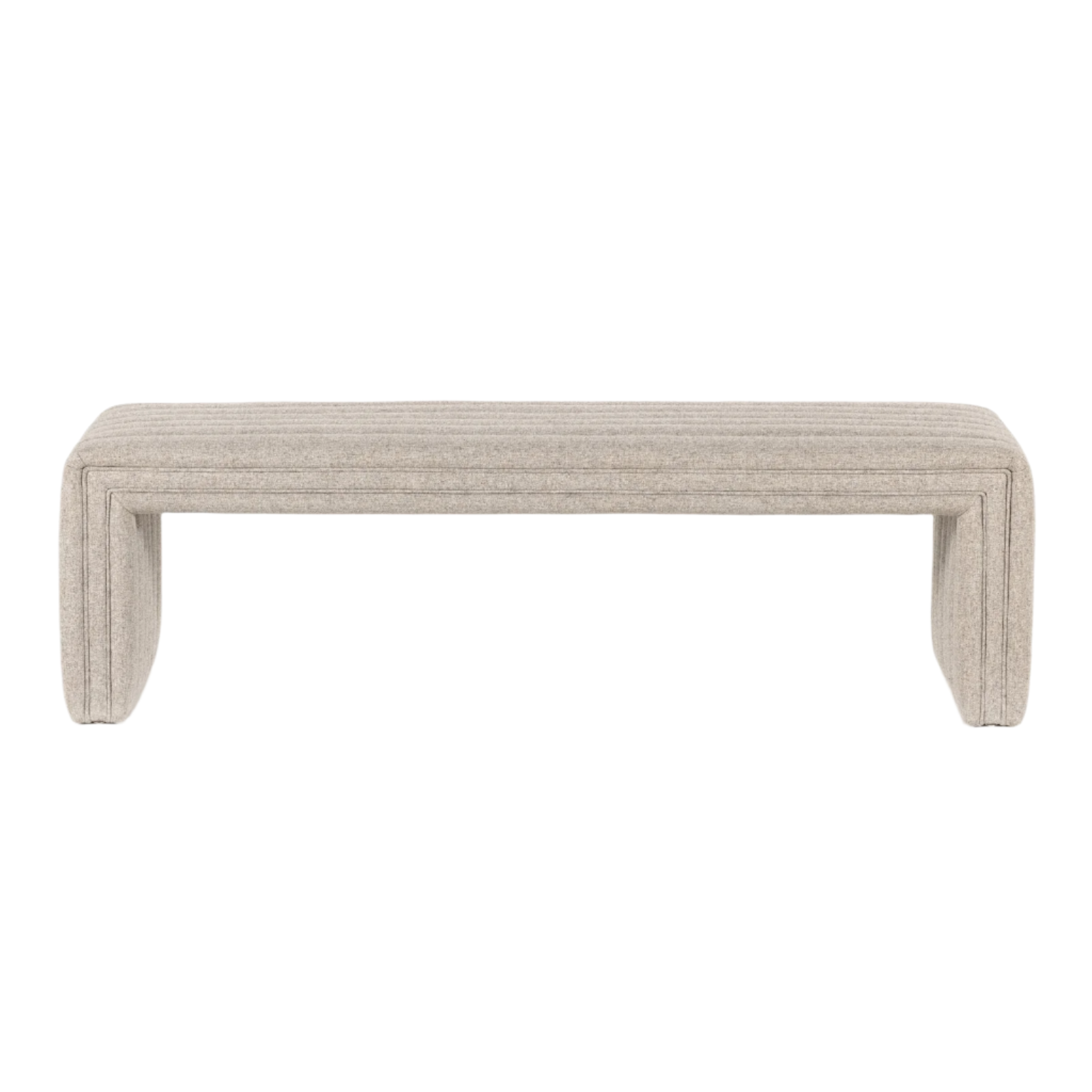 Long 75-inch natural beige fabric upholstered end-of-bed bench with channel-stitched seat, integrated U-shaped legs, and solid wood frame in a minimalist coastal style.