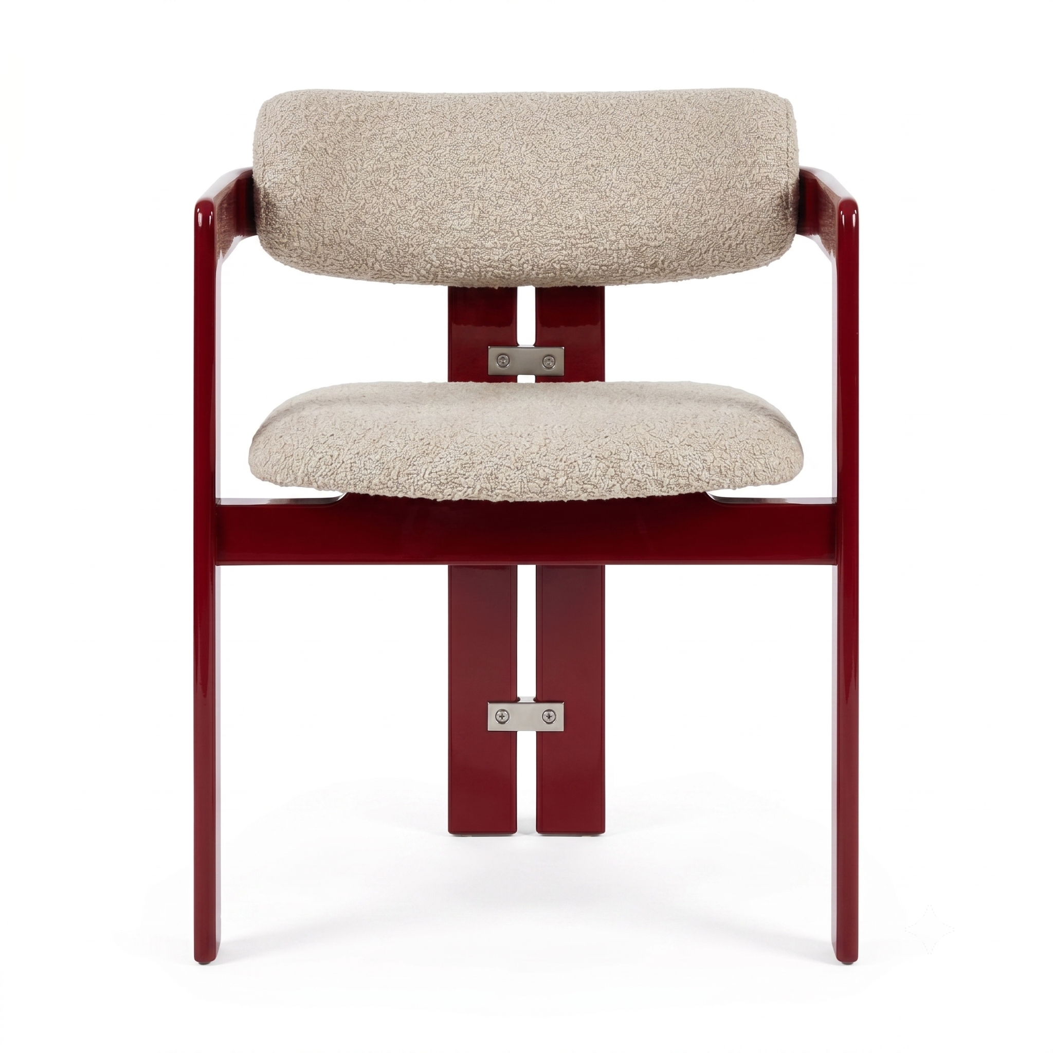 Cherry Lacquer Red Pamplona Dining Chair with Beige Boucle and Stainless Steel Accents