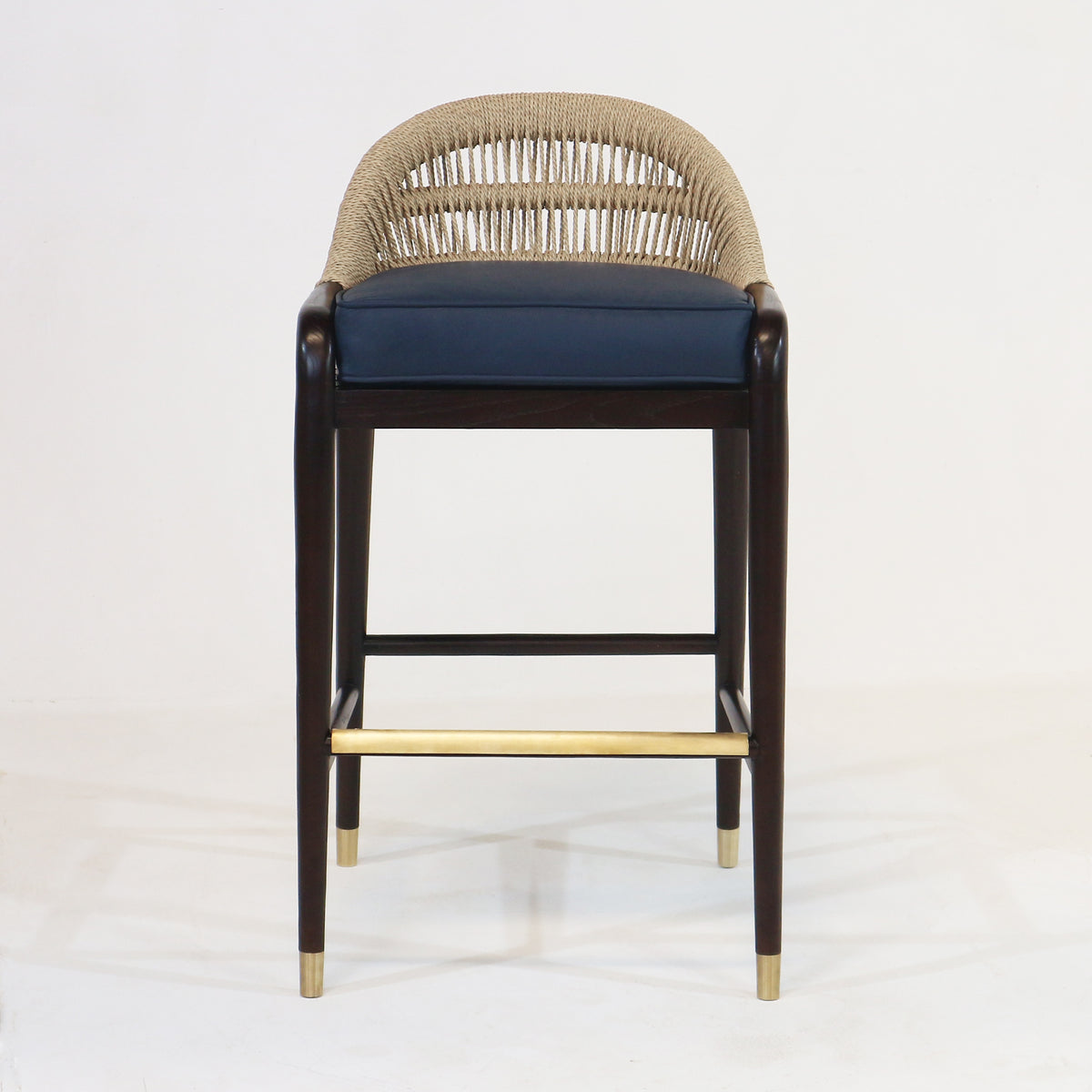 Fara Teak Rope-Backed & Upholstere d Blau Leder Barhocker