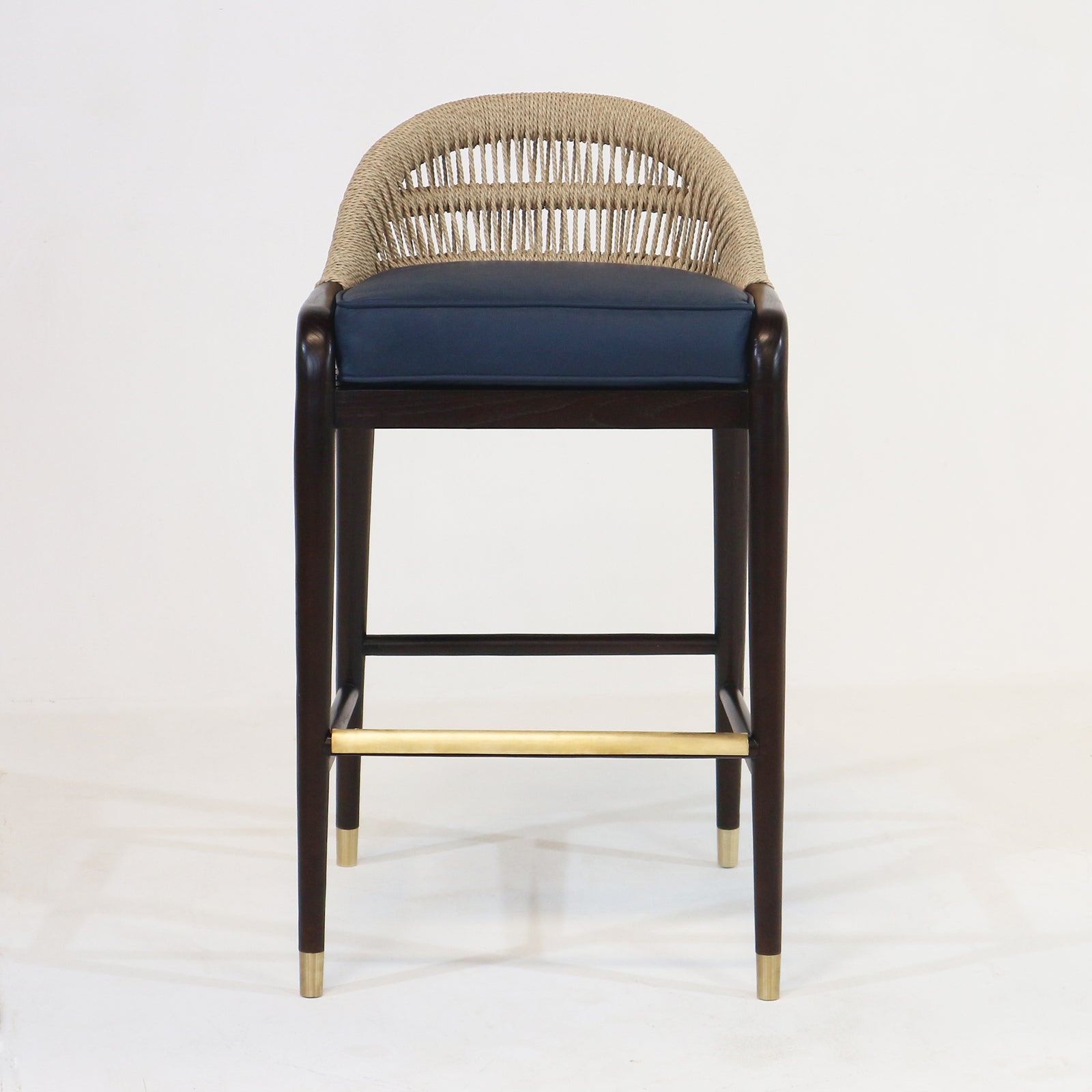 Fara Teak Rope-Backed & Upholstere d Blue Leather Bar Stool