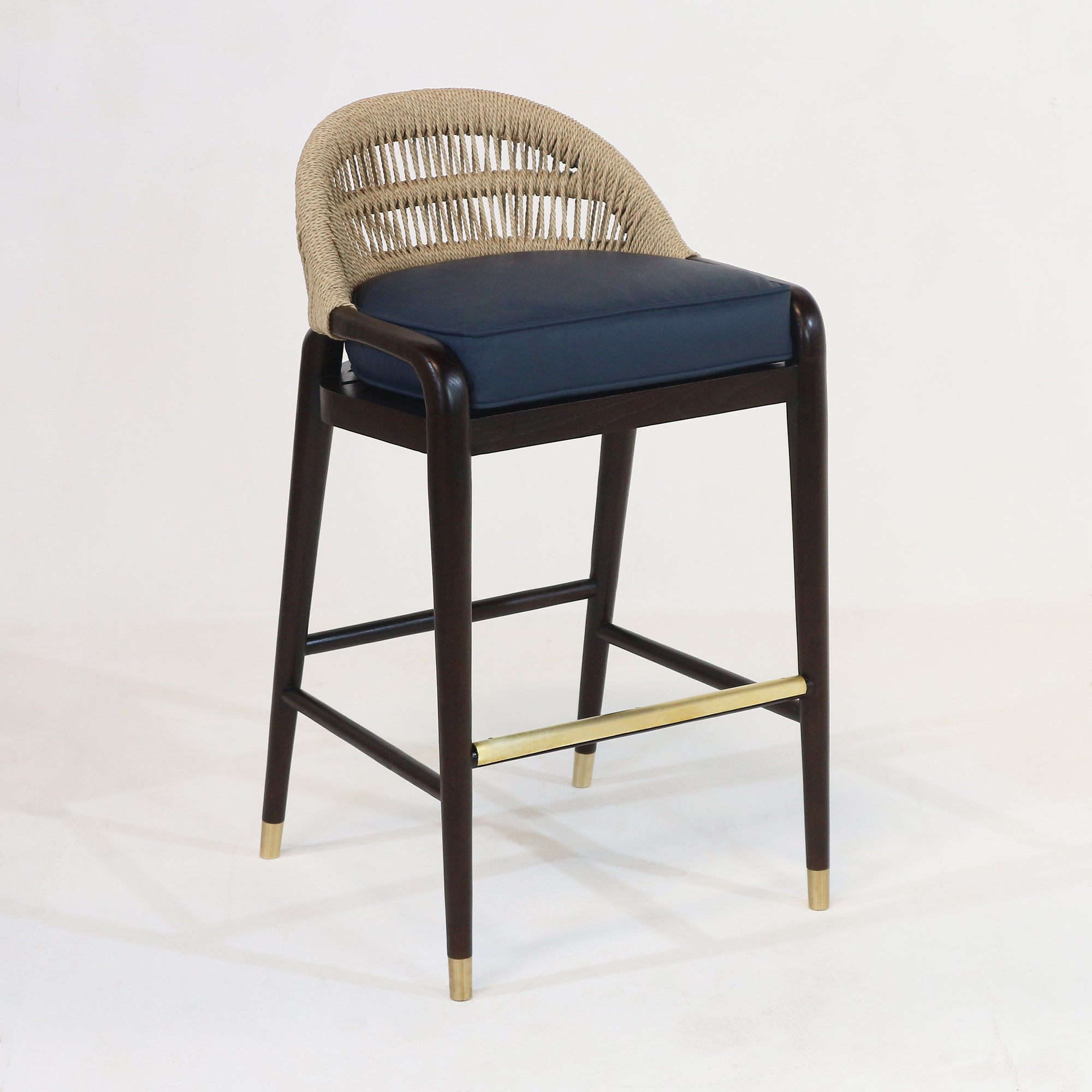 Fara Teak Rope-Backed & Upholstere d Blue Leather Bar Stool