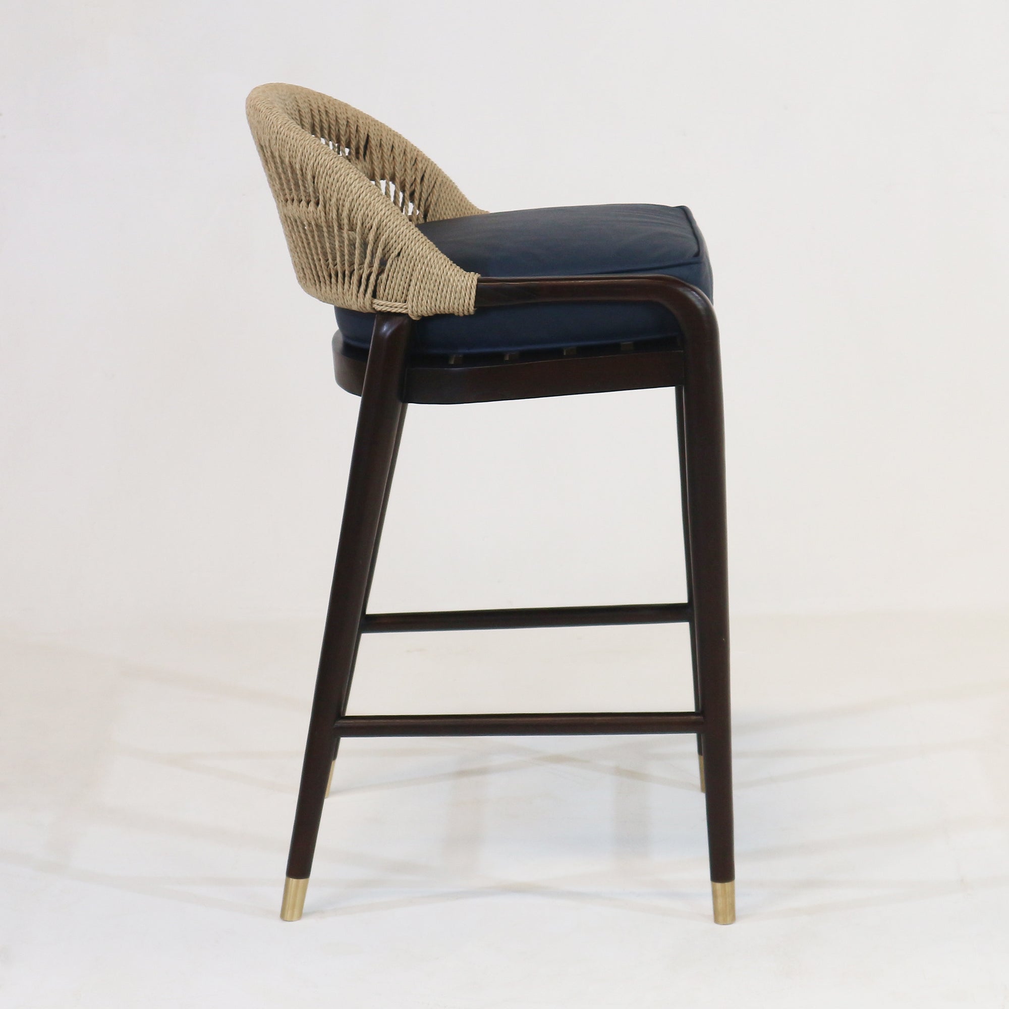 Fara Teak Rope-Backed & Upholstere d Blue Leather Bar Stool