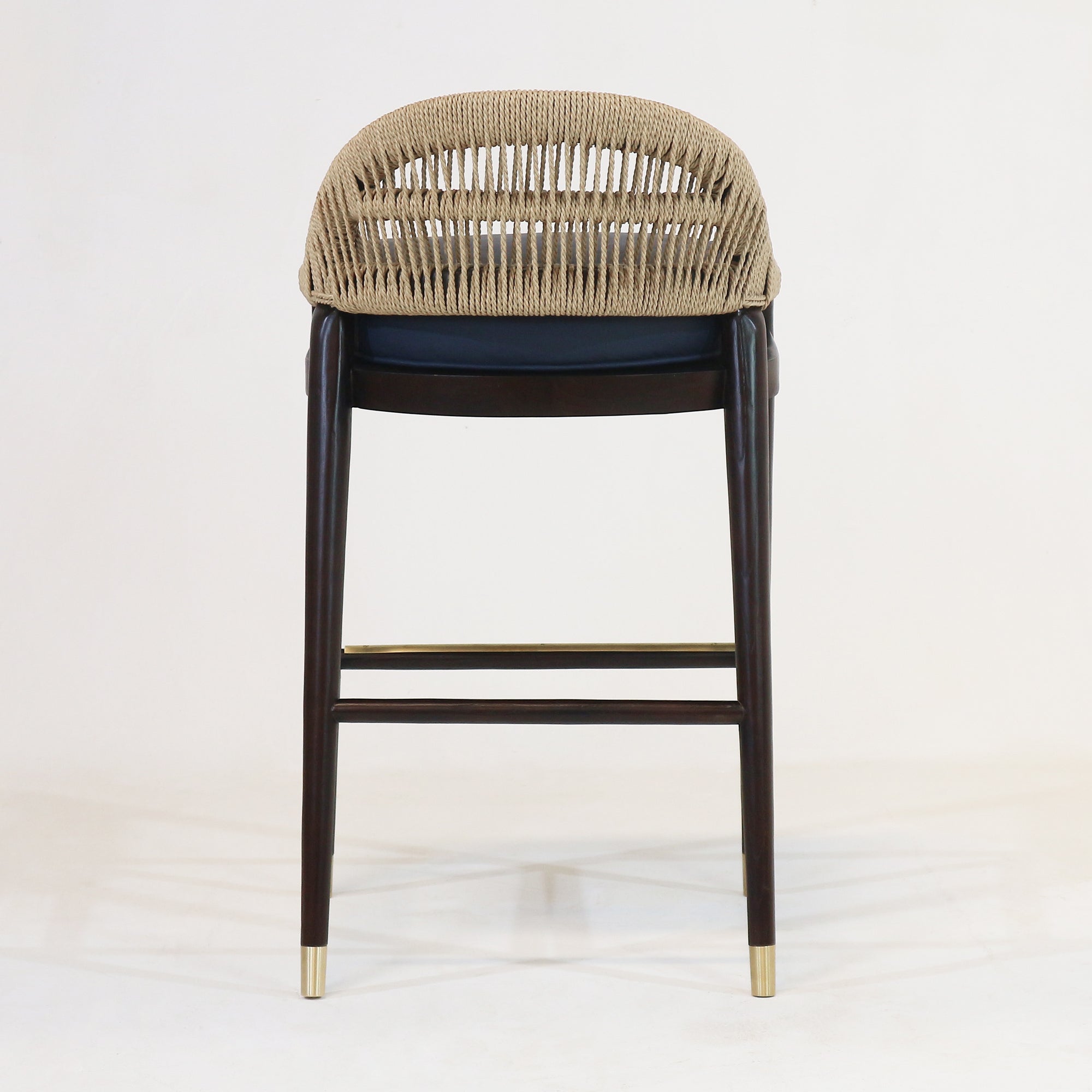 Fara Teak Rope-Backed & Upholstere d Blue Leather Bar Stool