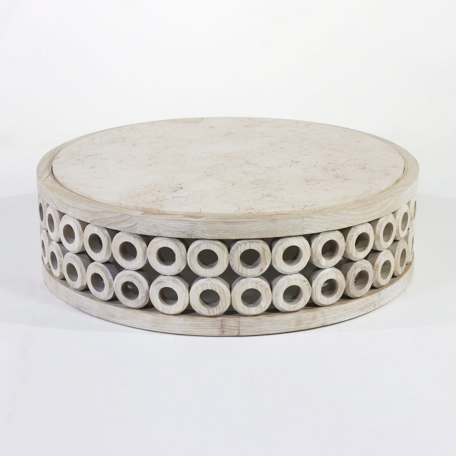 Sulo Round Travertine & Oak Coffee Table