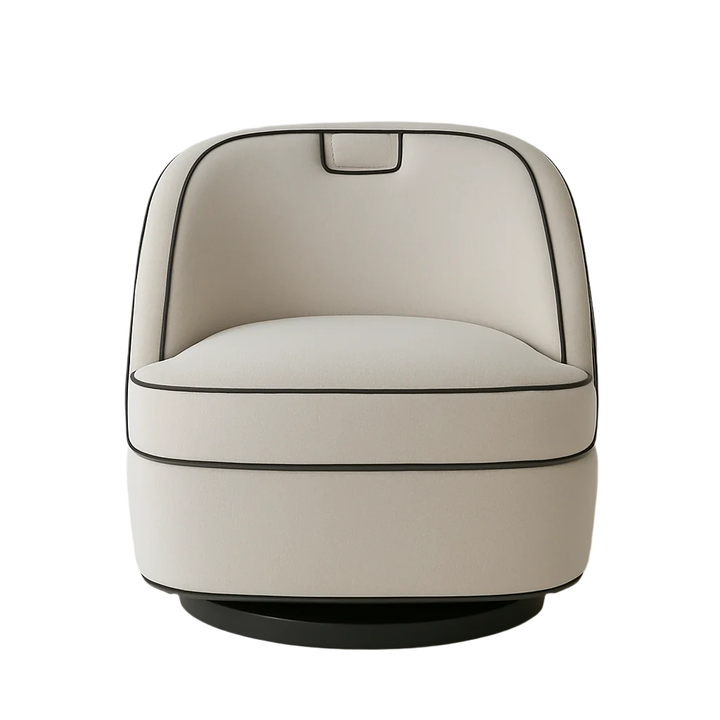 Front-facing cream fabric upholstered swivel barrel chair with cushioned full back, contrasting black piping detail and a low round black swivel base on a white background.