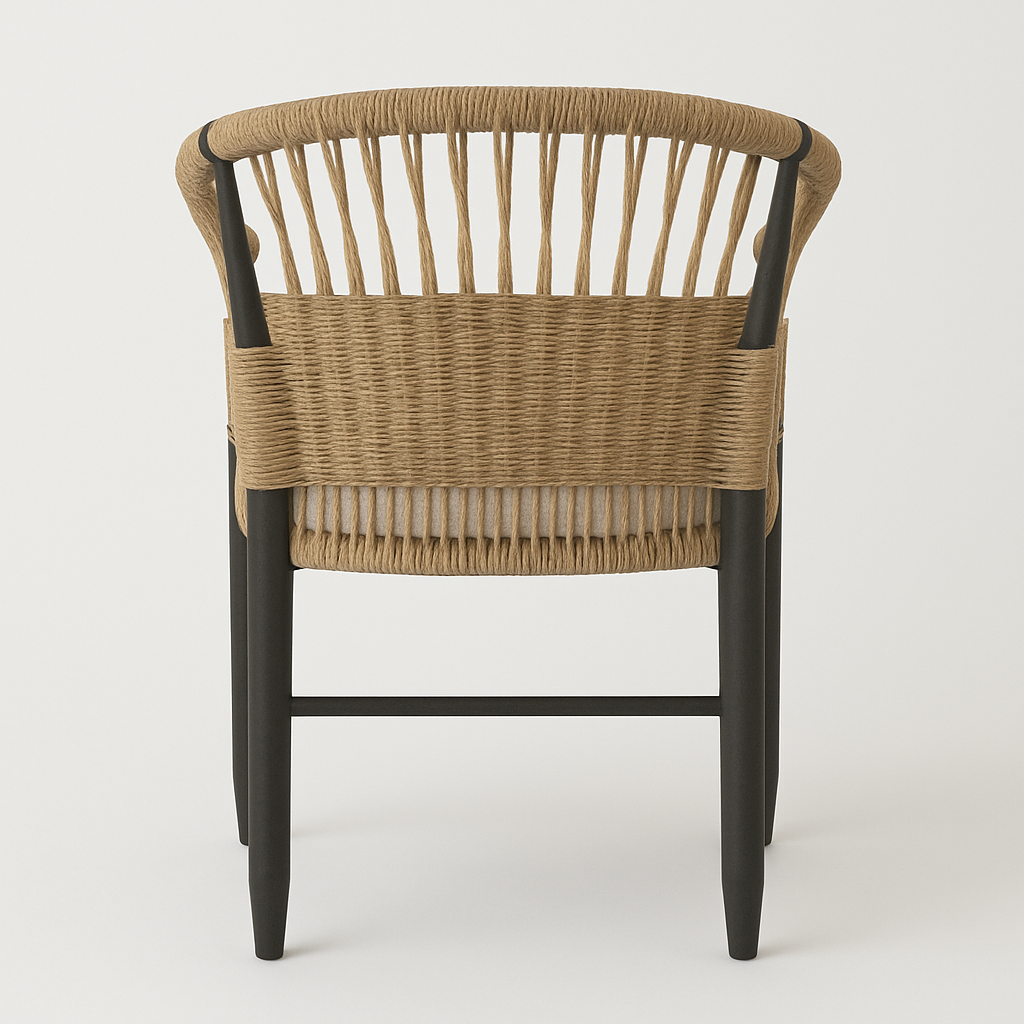 Rear view of a dining chair with natural tan woven rope barrel-back, black ash wooden frame and legs, and a light beige upholstered seat visible beneath the weave.