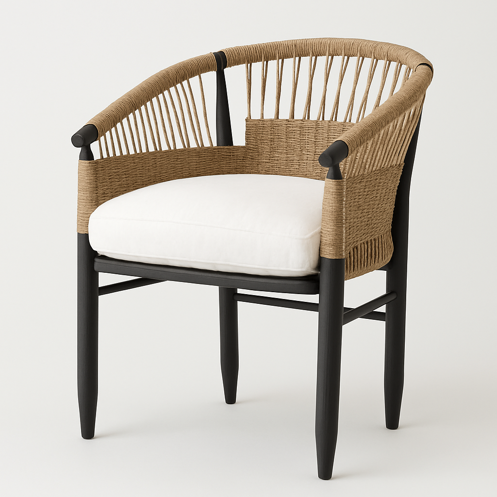 Modern Scandinavian woven barrel-back dining chair with natural woven rope back and sides, black ash wooden frame and tapered legs, and a plush white upholstered seat cushion.