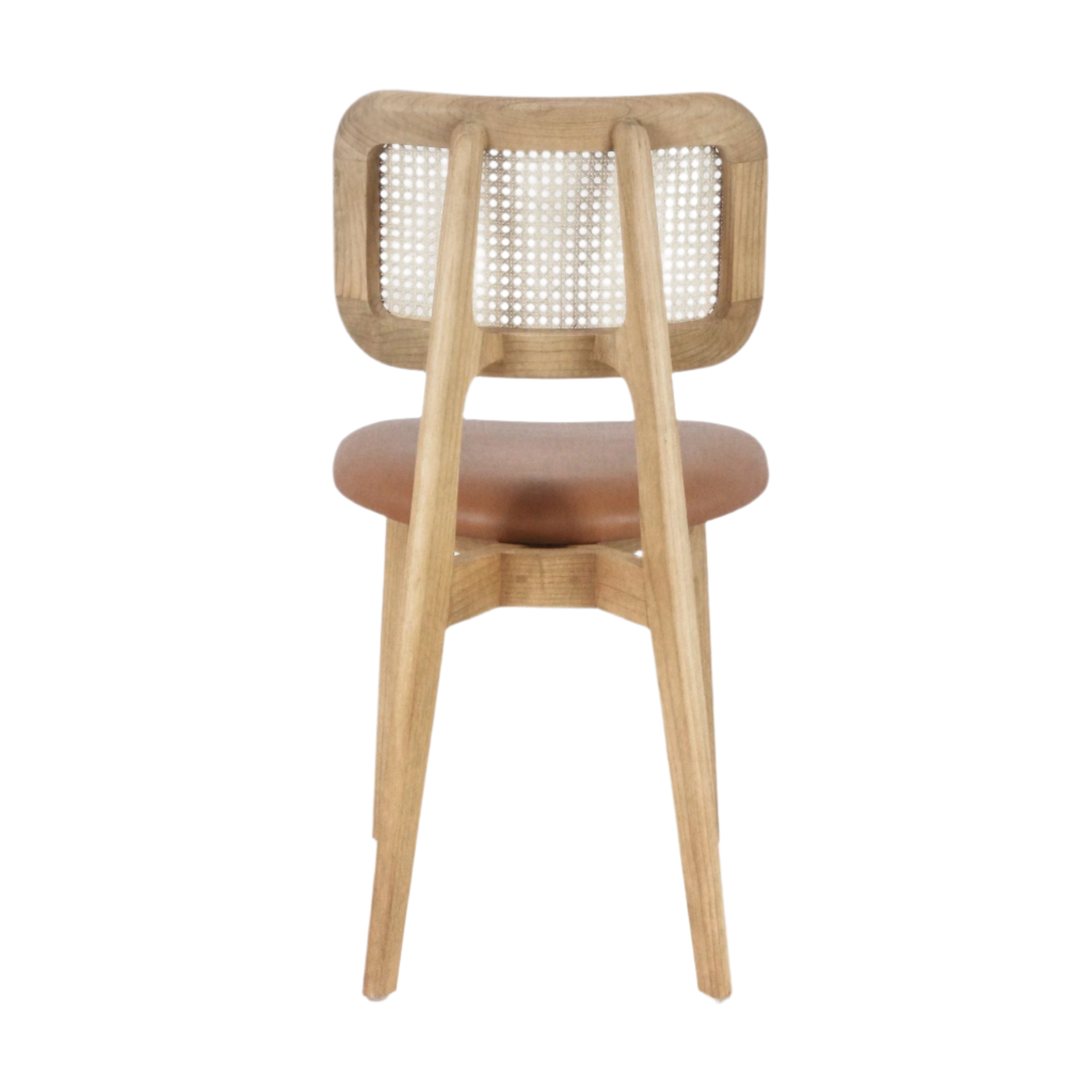 Rear view of a dining chair with a light natural wood frame and woven rattan backrest, featuring a curved tan leather seat and tapered legs on a white background.