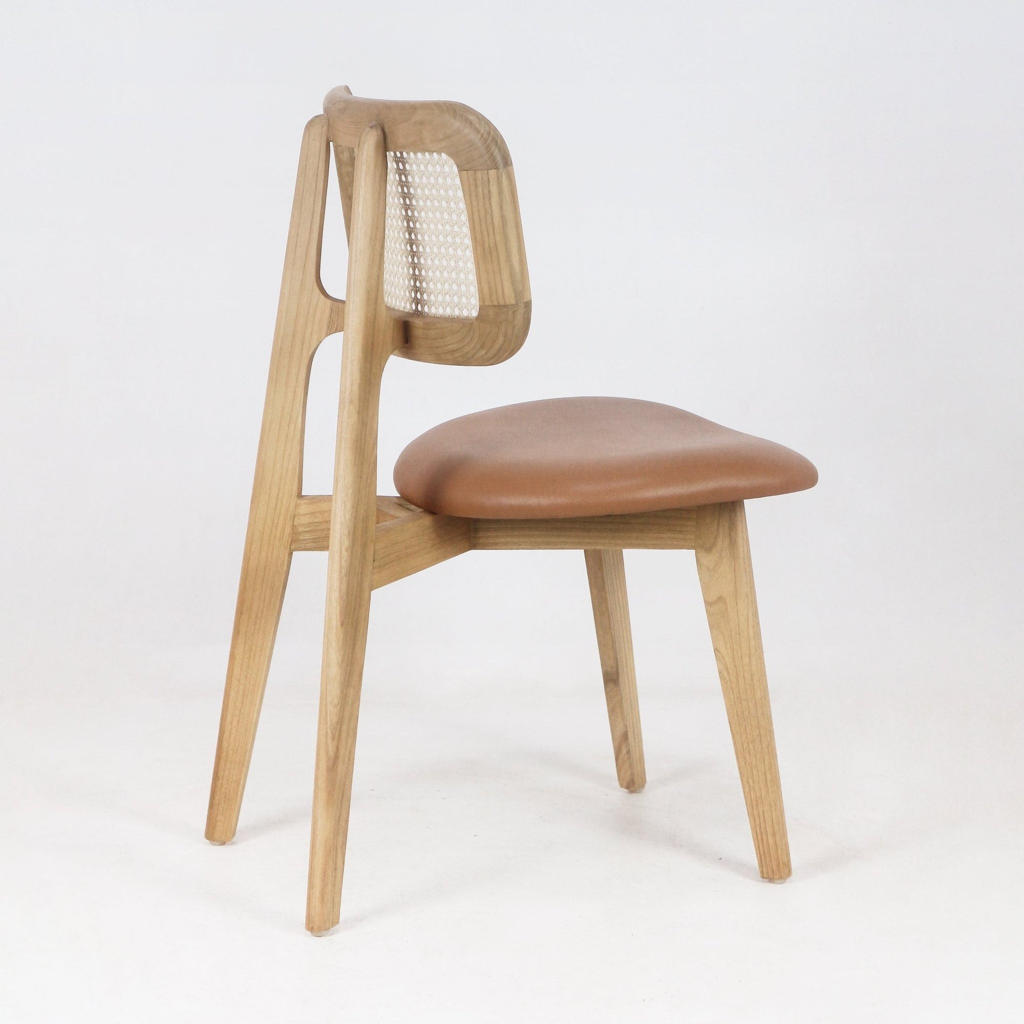 Abode Dining Chair with Rattan Backrest with Tan Leather Seat - INTERIORTONIC