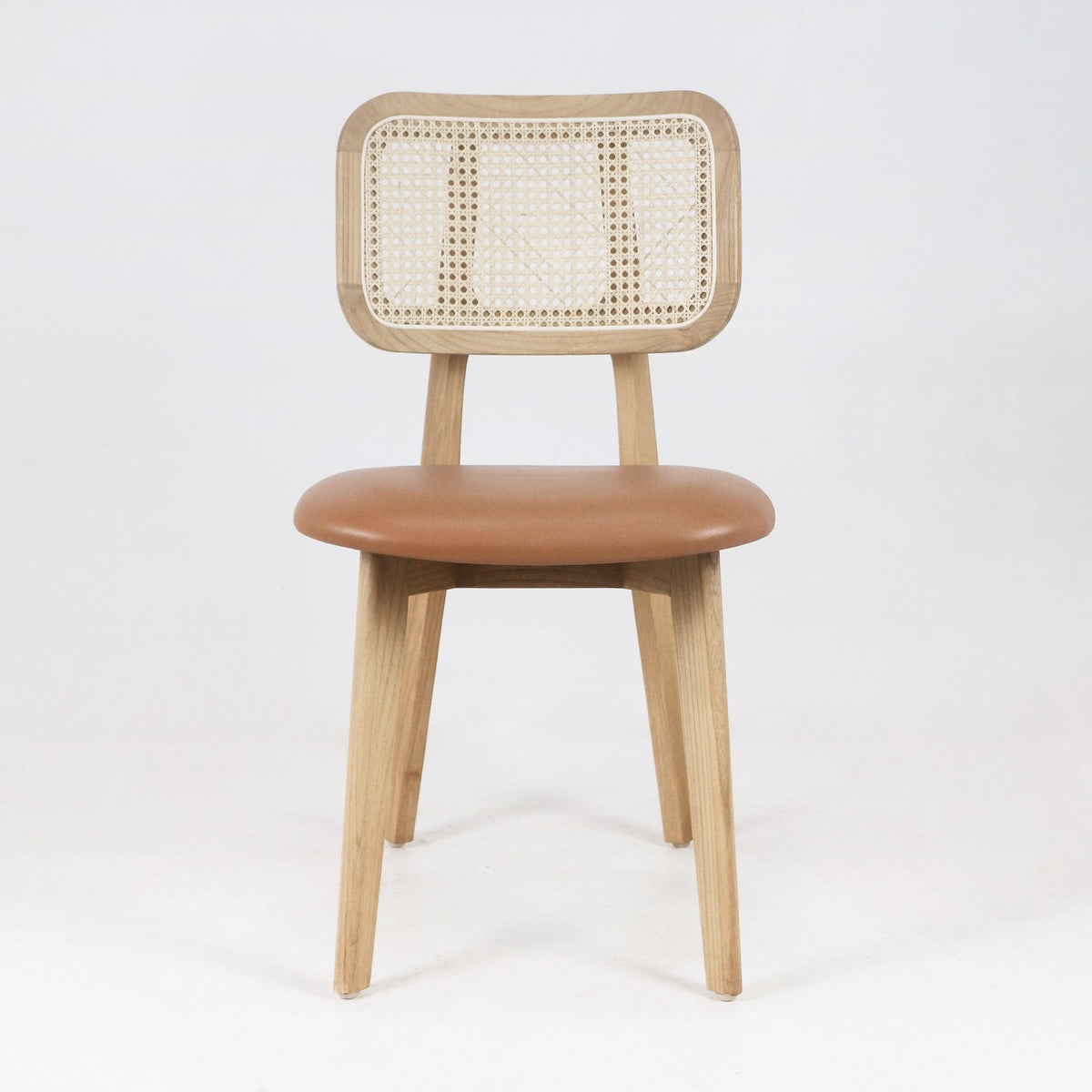 Abode Dining Chair with Rattan Backrest with Tan Leather Seat - INTERIORTONIC