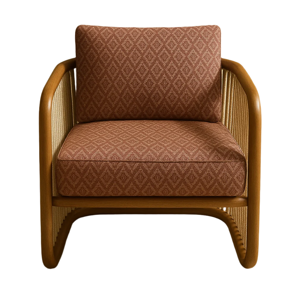 Front view of a modern lounge chair with rust-brown diamond-patterned fabric seat and back cushions, natural wood curved frame and woven rope side panels, low back and rounded armrests.