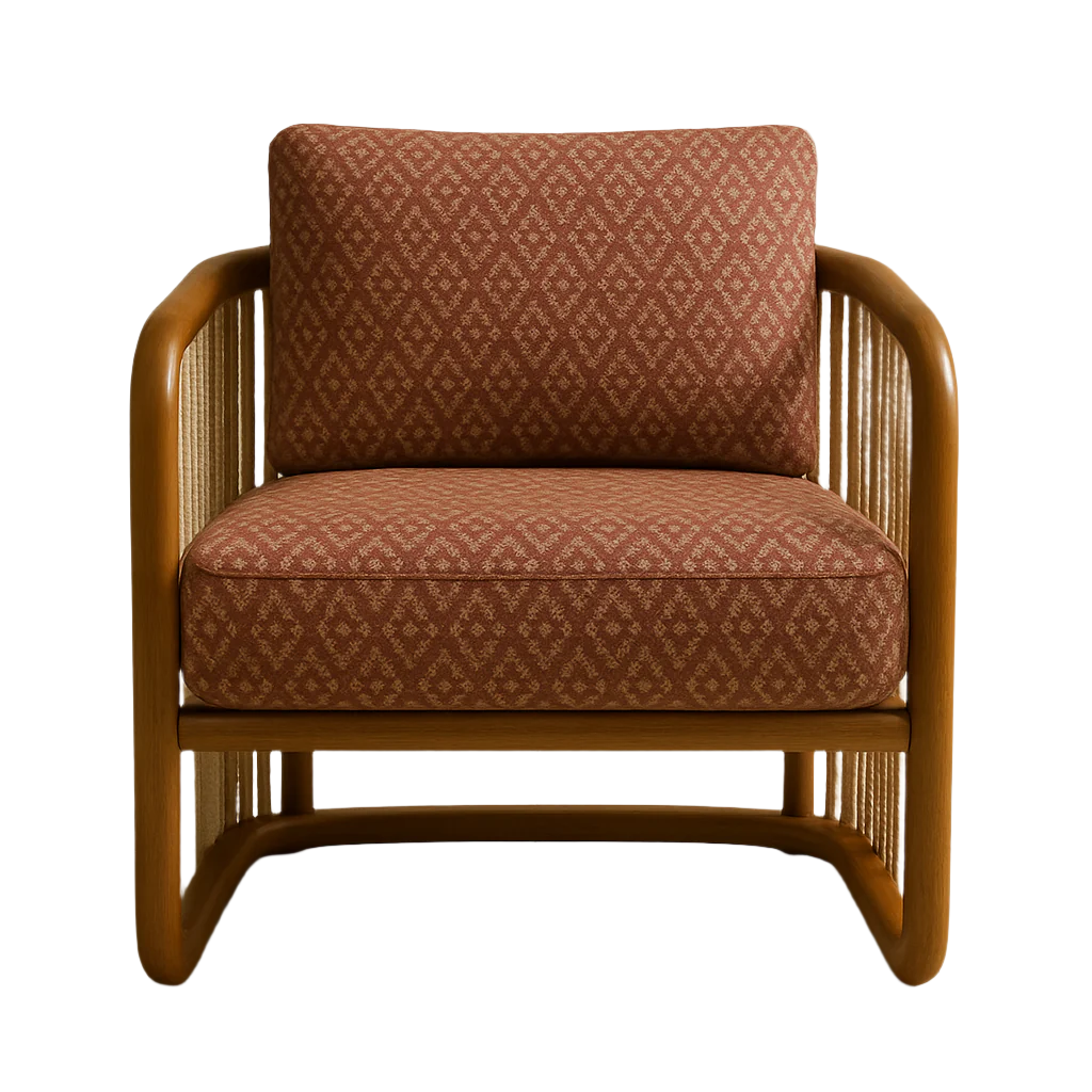 Front view of a modern accent lounge chair with a natural wood curved frame and woven rope sides, upholstered in rust-orange patterned fabric with beige diamond motifs and a thick cushioned seat and low back.