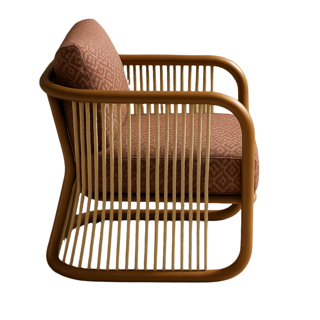 Side view of a modern accent lounge chair with a rounded natural wood frame, vertical woven rope slats and rust-beige patterned fabric seat and back cushions.