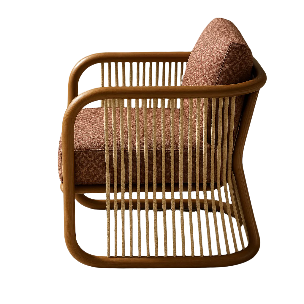 Side view of a modern lounge chair with a curved natural wood frame, vertical woven rope slats and rust-patterned upholstered seat and back cushions.