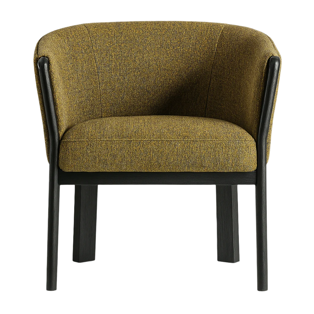 Front view of a modern dining armchair with a curved barrel back, mustard performance fabric upholstery, and a black-stained oak frame and legs.