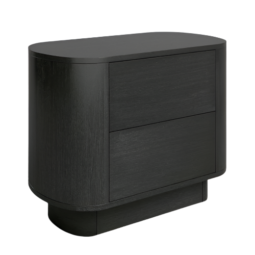 Black solid wood nightstand with rounded sides and an oval top, featuring two handleless drawers and a recessed plinth base in a modern, minimalist style.