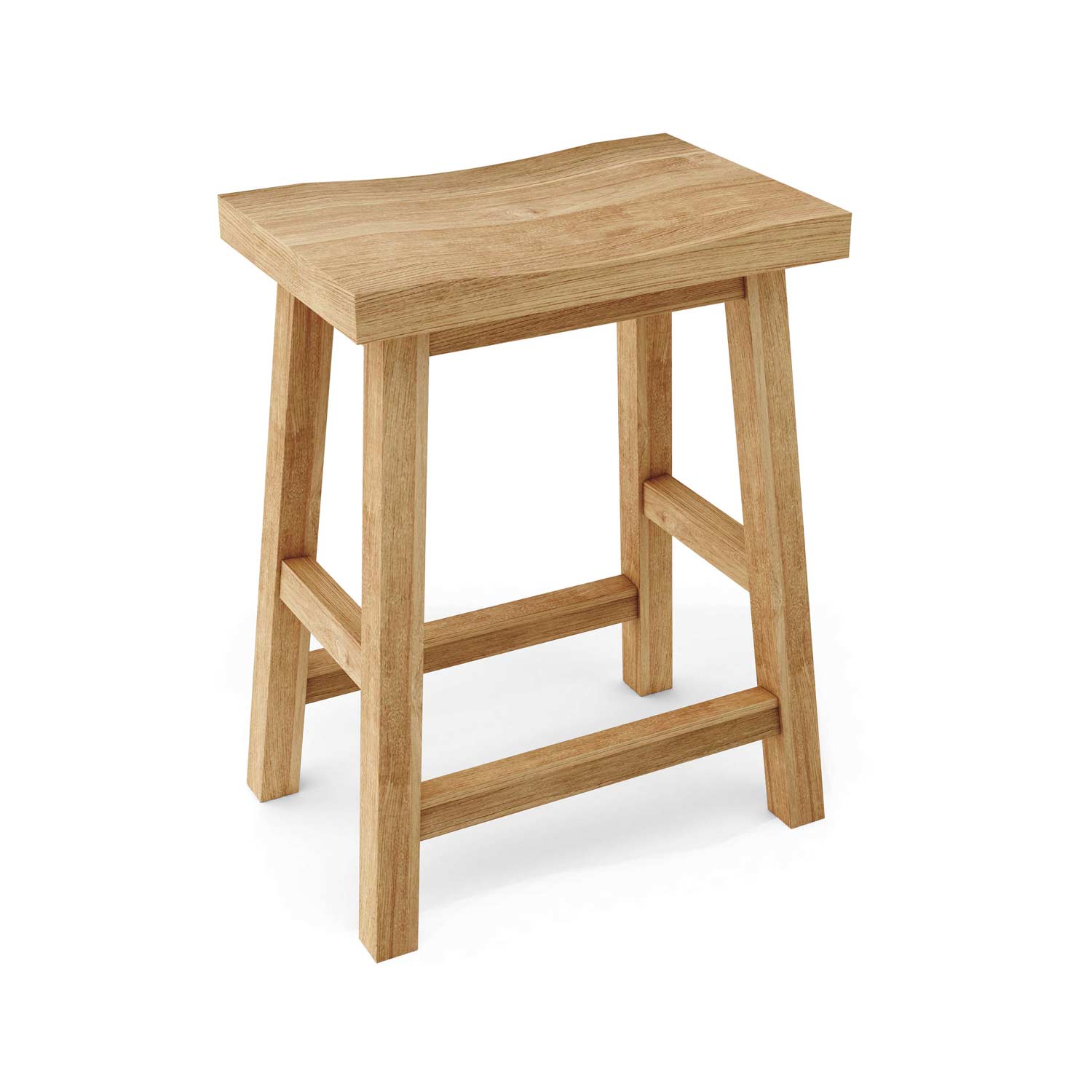 Backless rectangular teak bar stool with a gently contoured natural wood seat, four slightly splayed legs and horizontal stretchers for support, shown in a warm teak finish with a coastal rustic look.